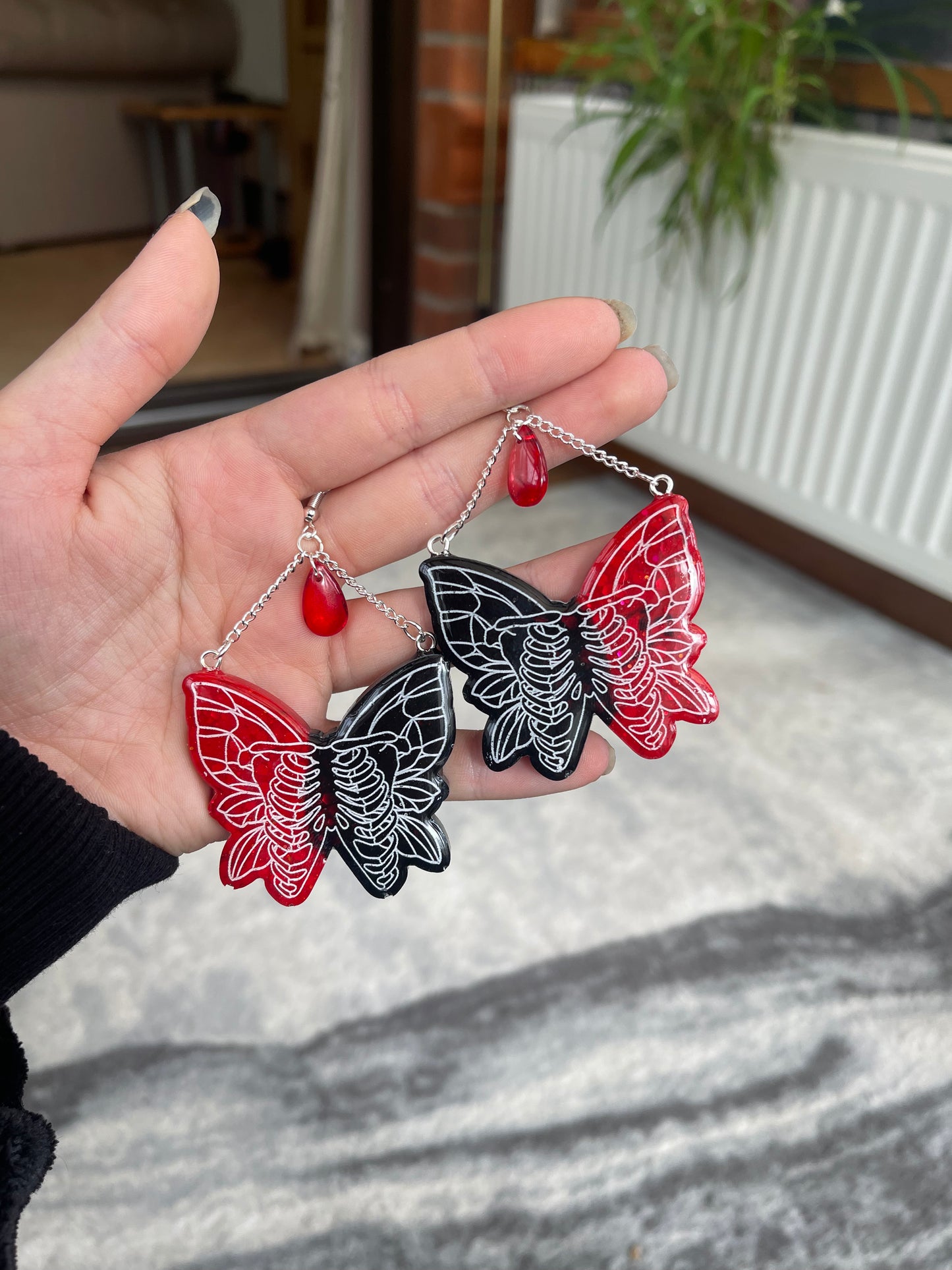 Red and Black Chain Butterfly Ribcage Earrings