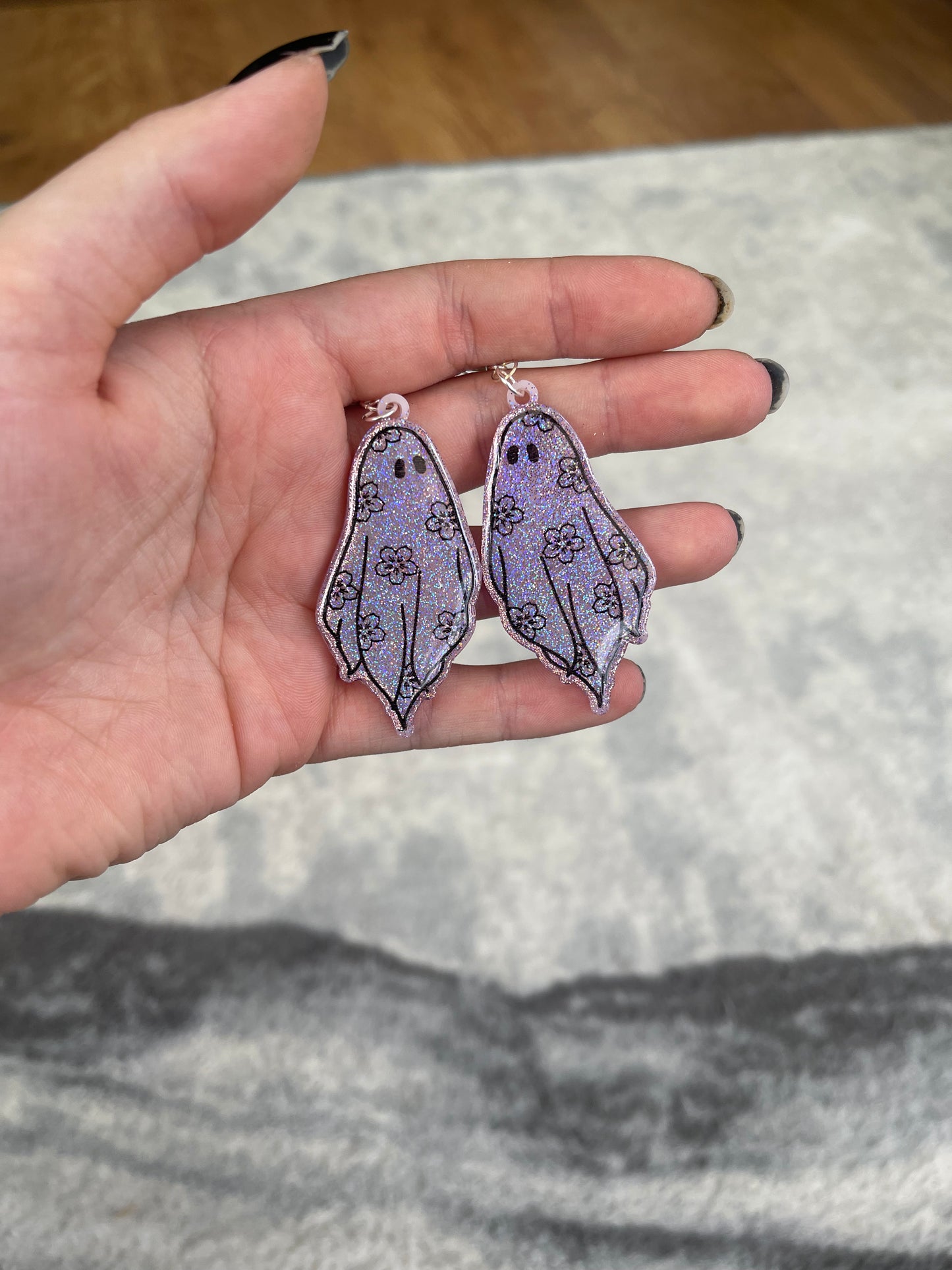 Pink Holographic Sakura Ghost Earrings