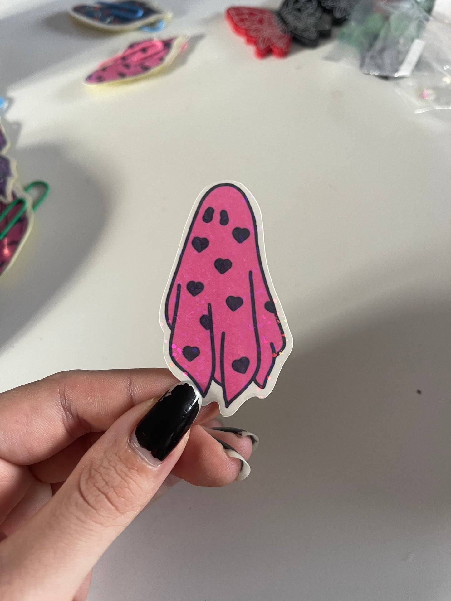 Pink Glitter Holographic Hearts Ghost Sticker