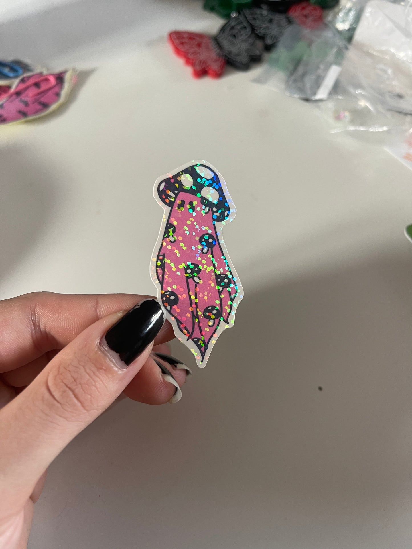 Pink Glitter Holographic Mushroom Ghost Sticker