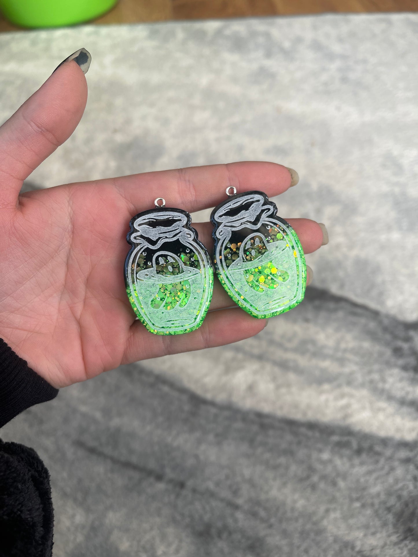 Green and Black Ghost Jar Earrings