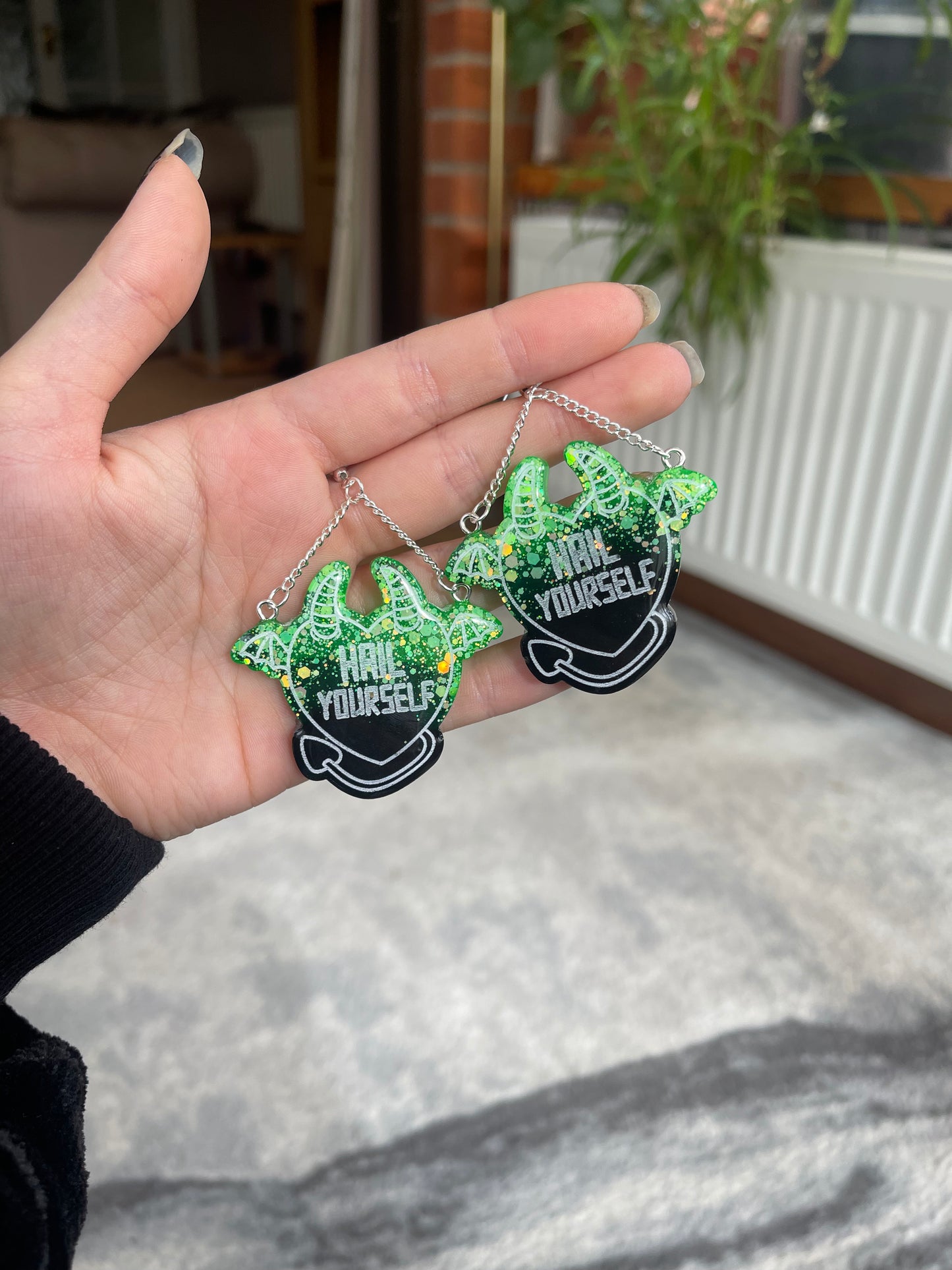 Green and Black Hail Yourself Devil Heart Earrings