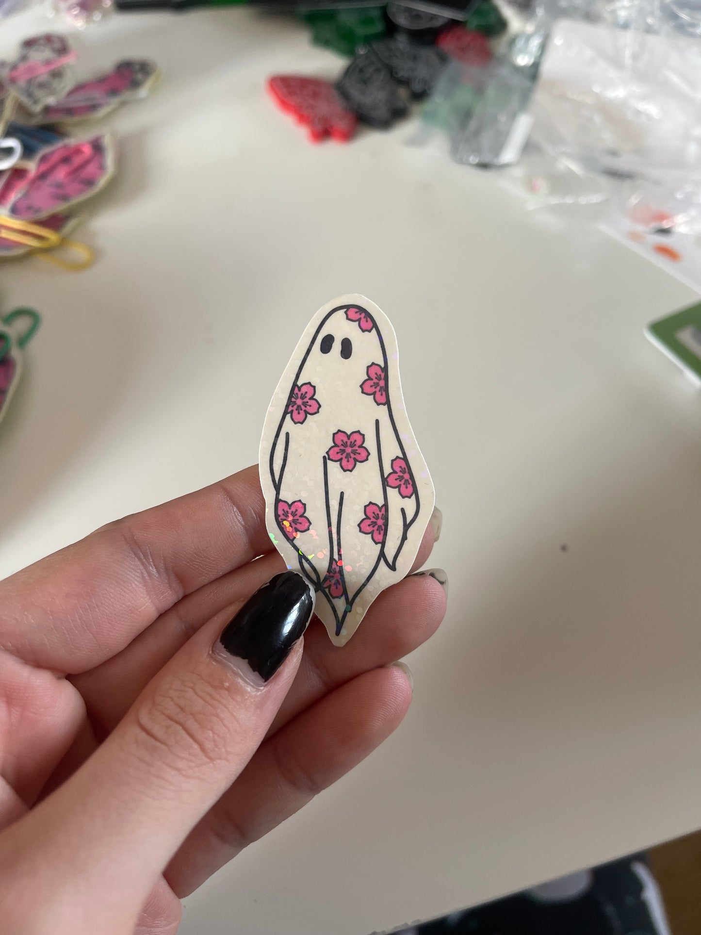 Glitter Holographic Sakura Ghost Sticker