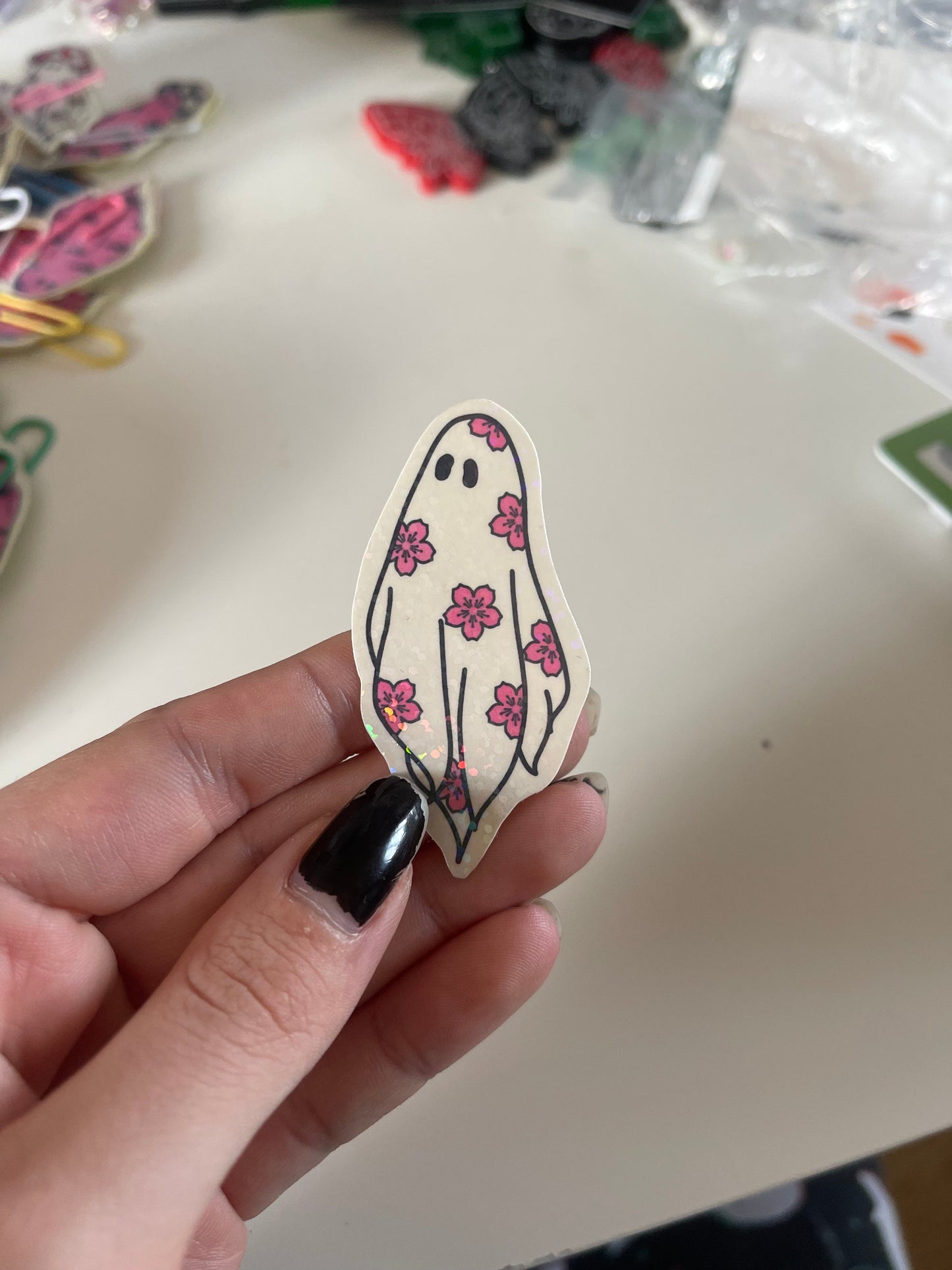 Hearts Holographic Sakura Ghost Sticker