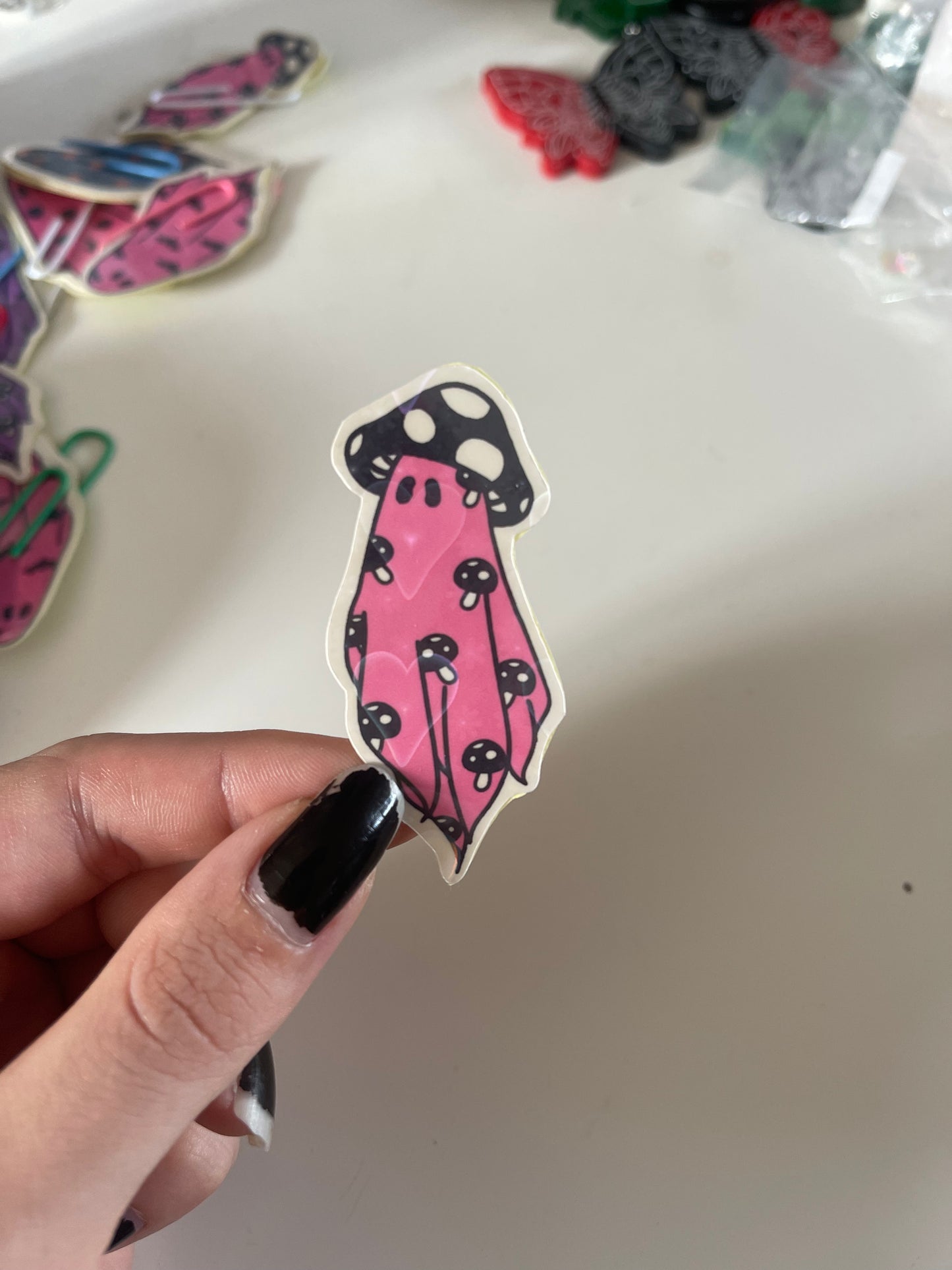 Pink Heart Holographic Mushroom Ghost Sticker