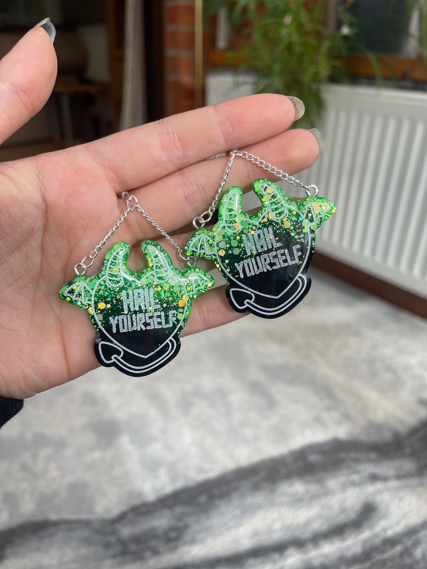 Green and Black Hail Yourself Devil Heart Earrings