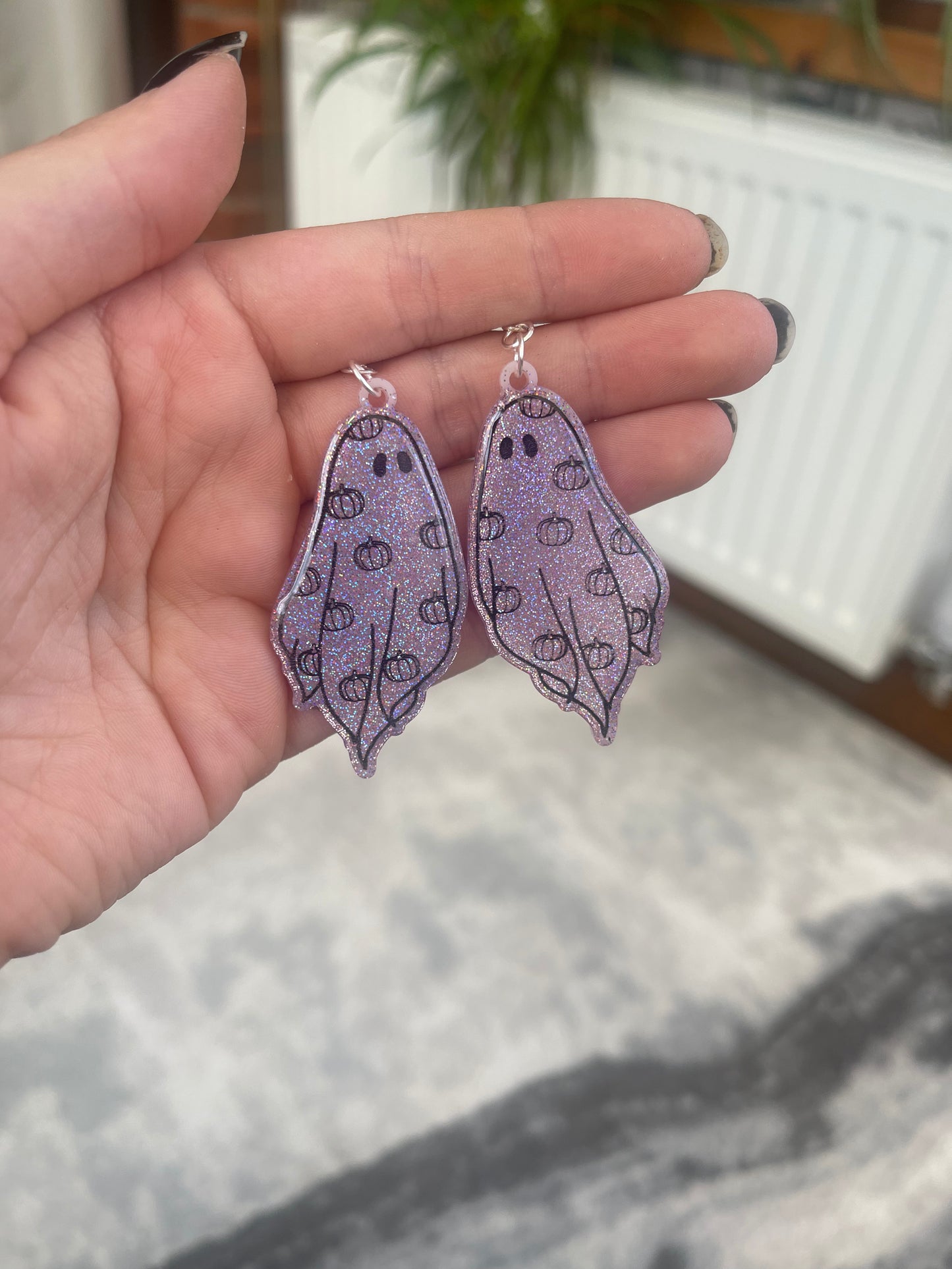 Pink Holographic Pumpkin Ghost Earrings