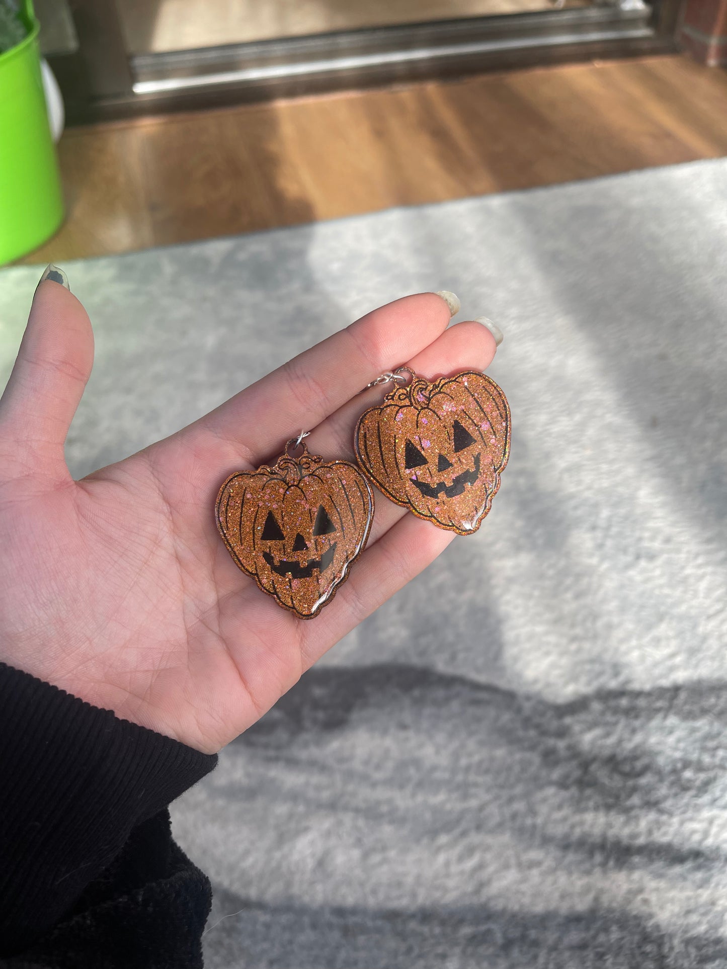 Orange Holographic Heart Pumpkin Earrings