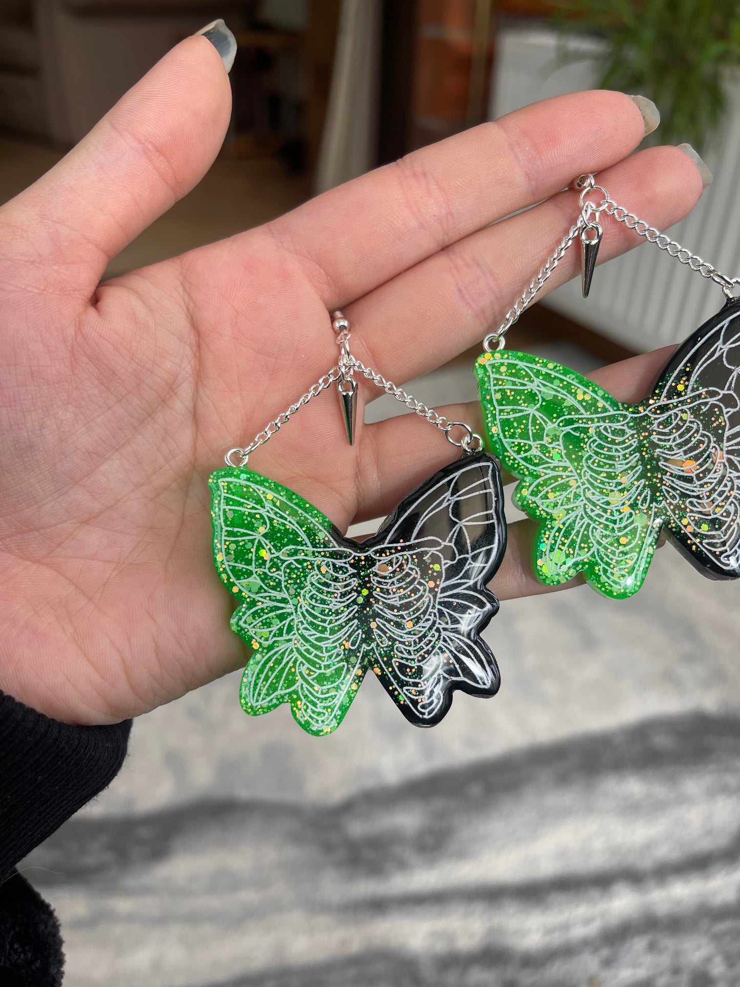 Green and Black Chain Butterfly Ribcage Earrings