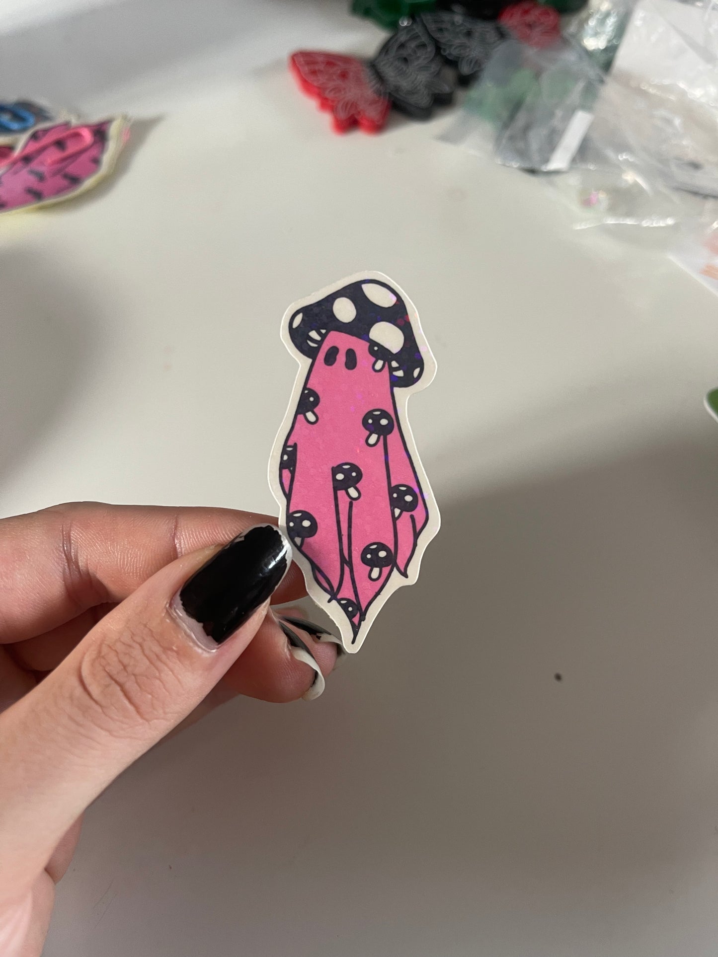 Pink Glitter Holographic Mushroom Ghost Sticker