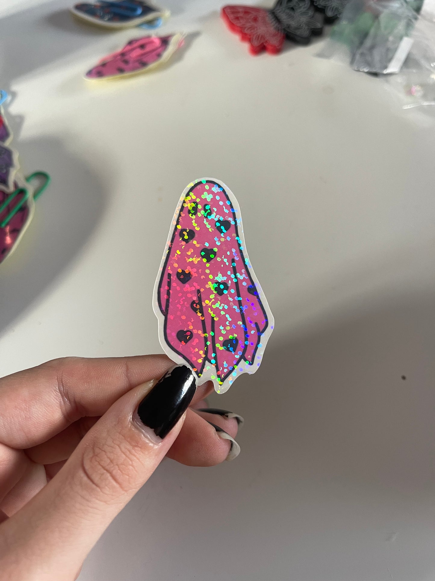 Pink Glitter Holographic Hearts Ghost Sticker