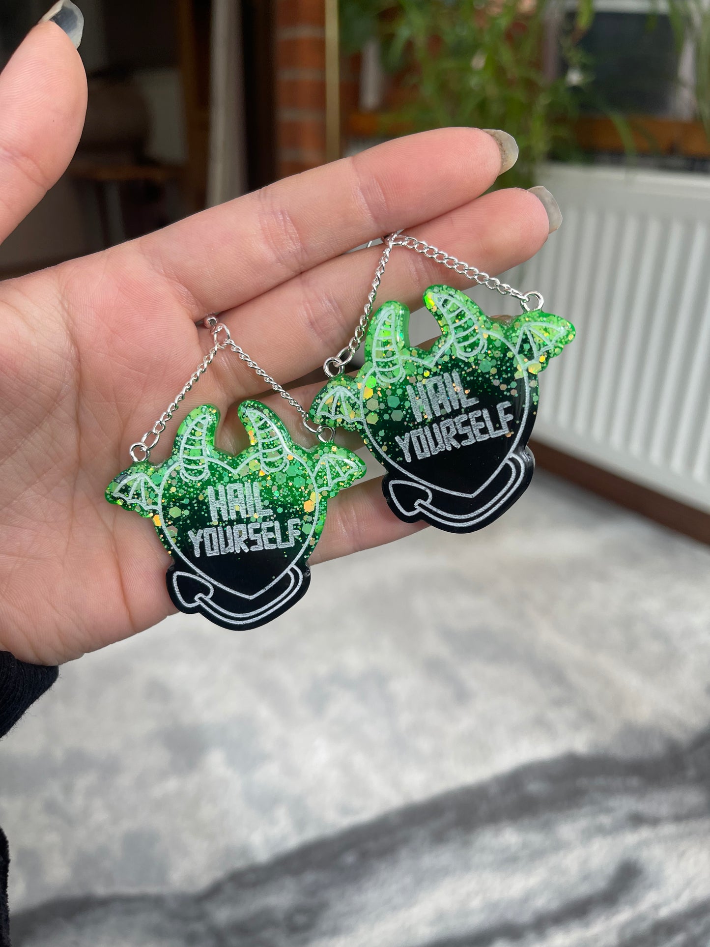 Green and Black Hail Yourself Devil Heart Earrings