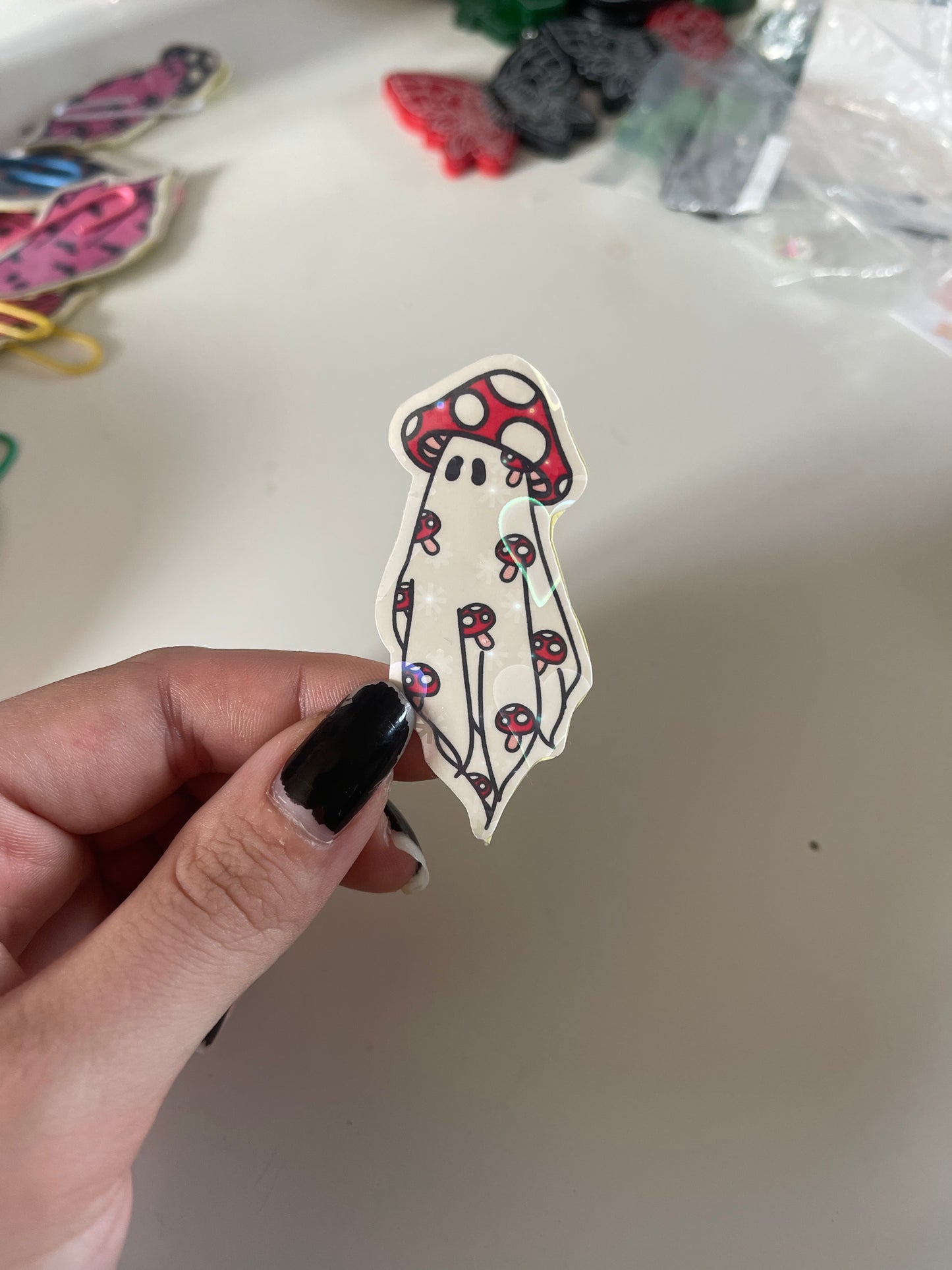 Heart Holographic Mushroom Ghost Sticker