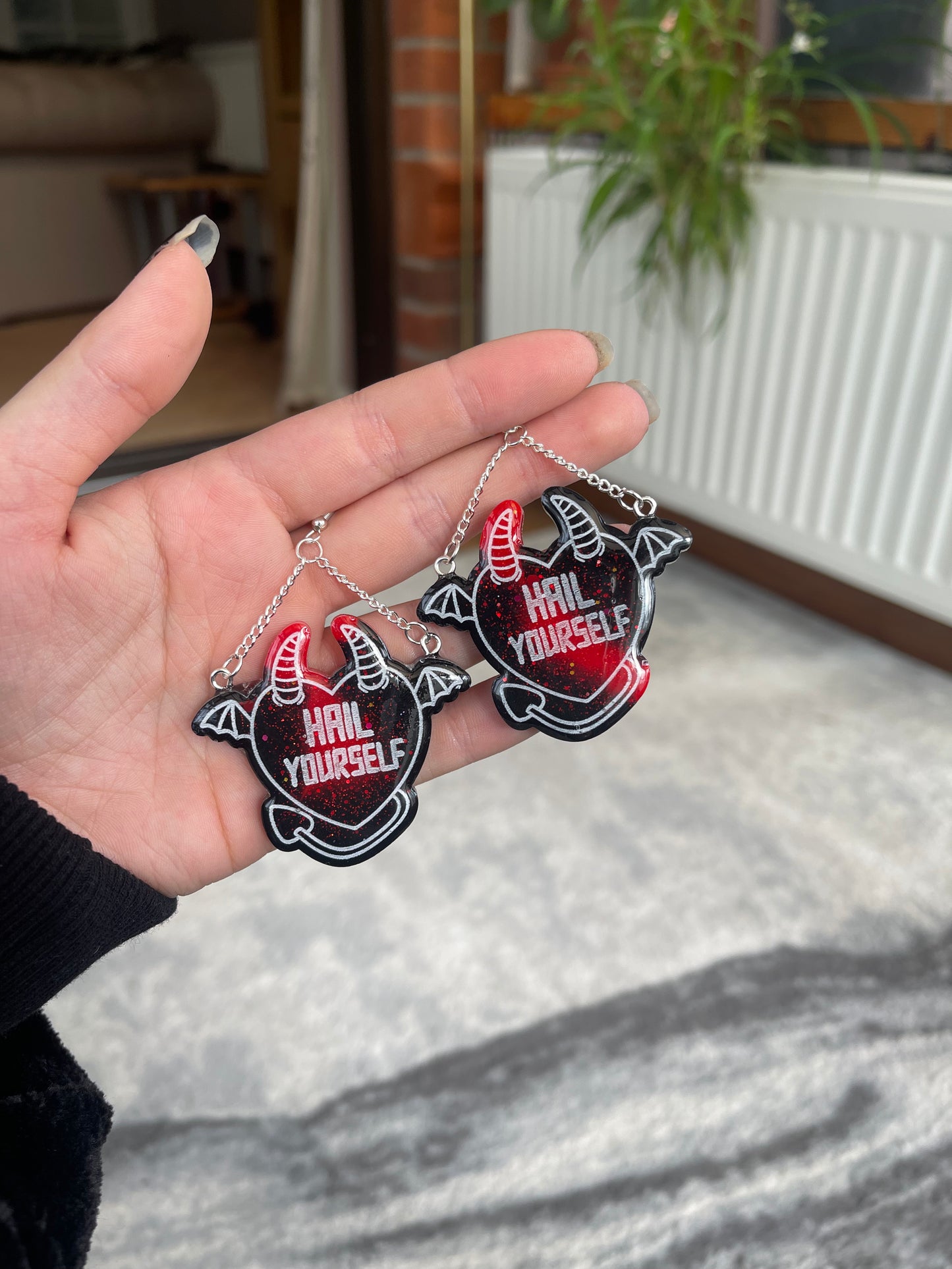 Red and Black Hail Yourself Devil Heart Earrings