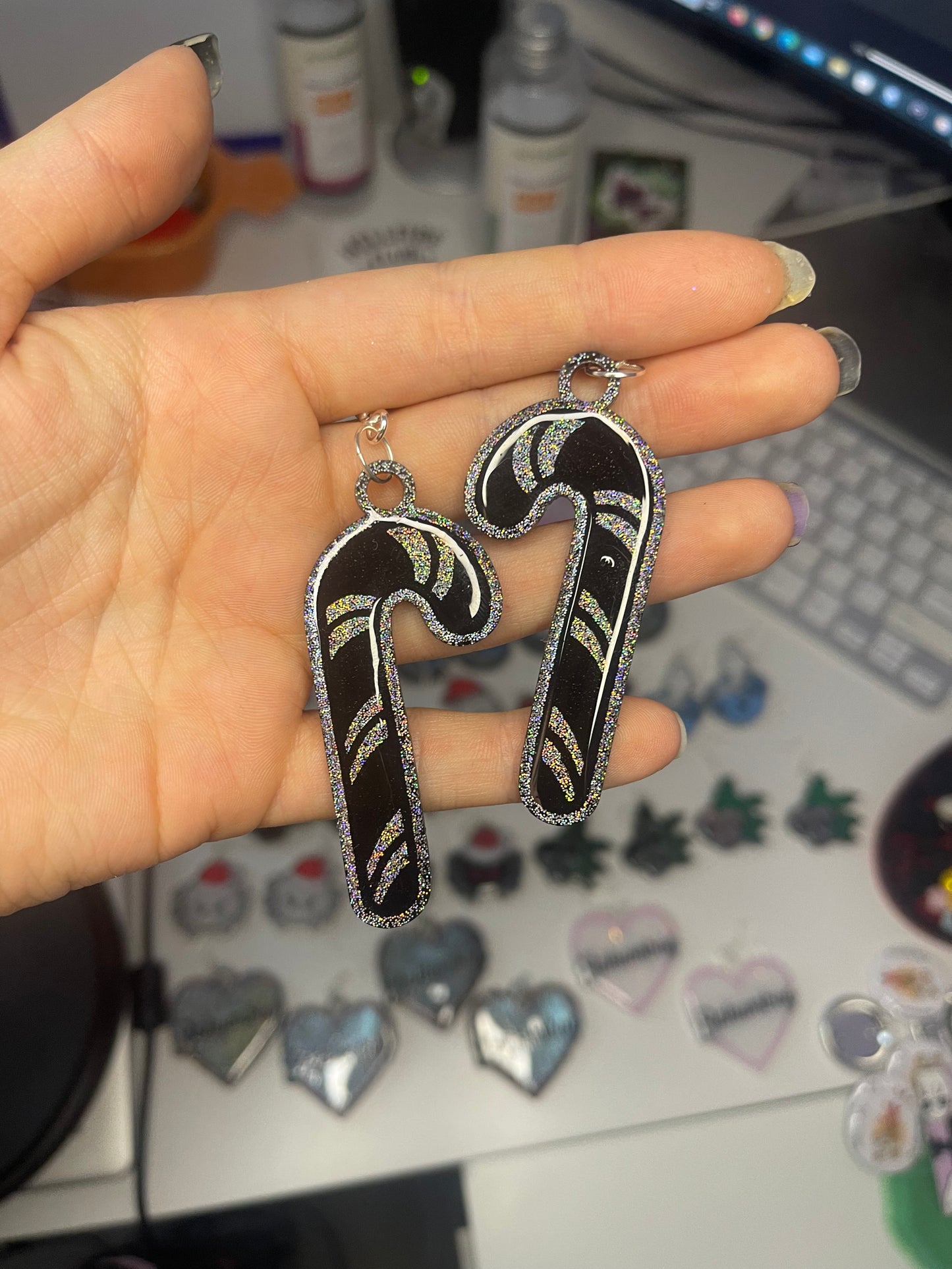 Goth Holographic Candy Cane Earrings