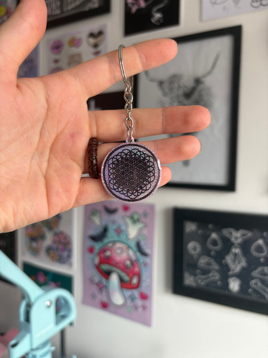 Pink Holographic Flower of Life Keyring