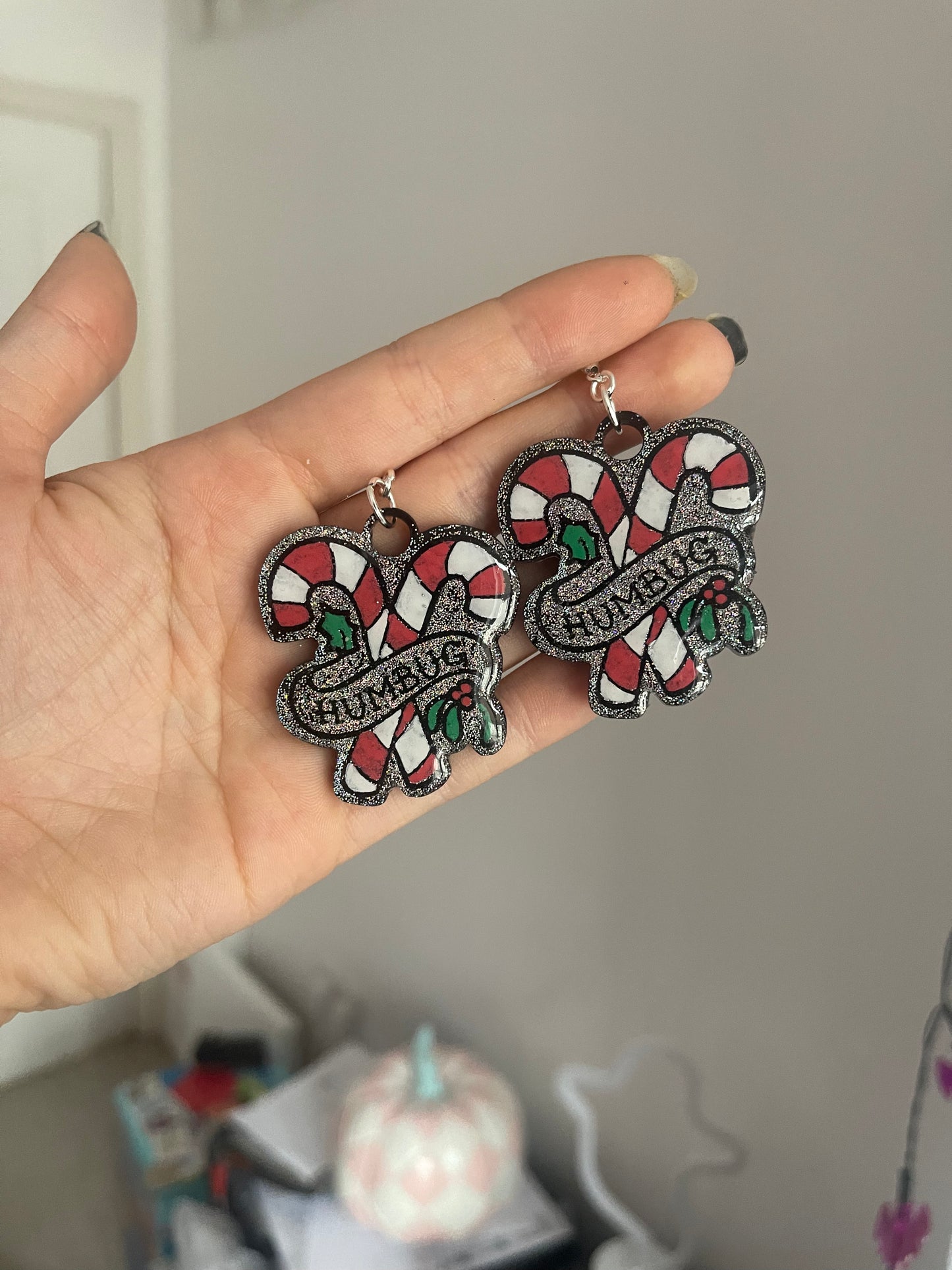 Holographic Humbug Candy Cane Earrings