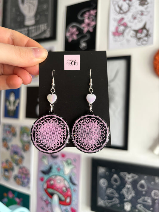 Black & Pink Flower of Life Earrings