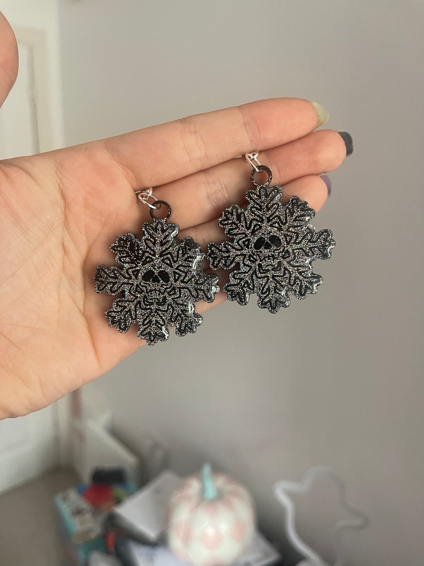 Holographic Skull Snowflake Earrings