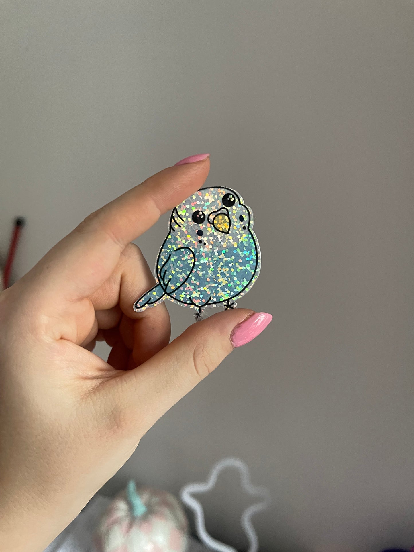 Marshmallow The Budgie Holographic Glitter Sticker