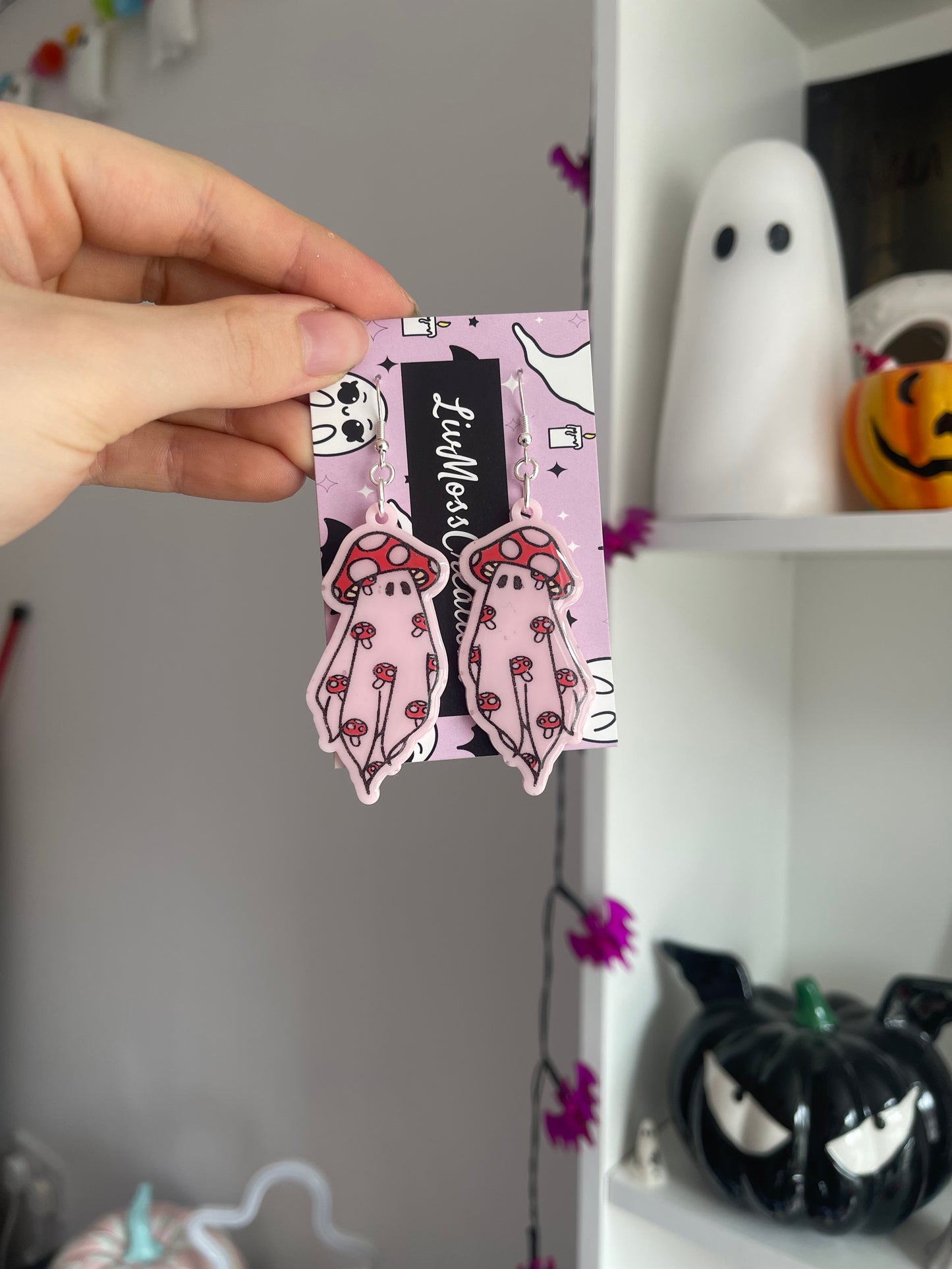 Pink & Red Mushroom Ghost Earrings