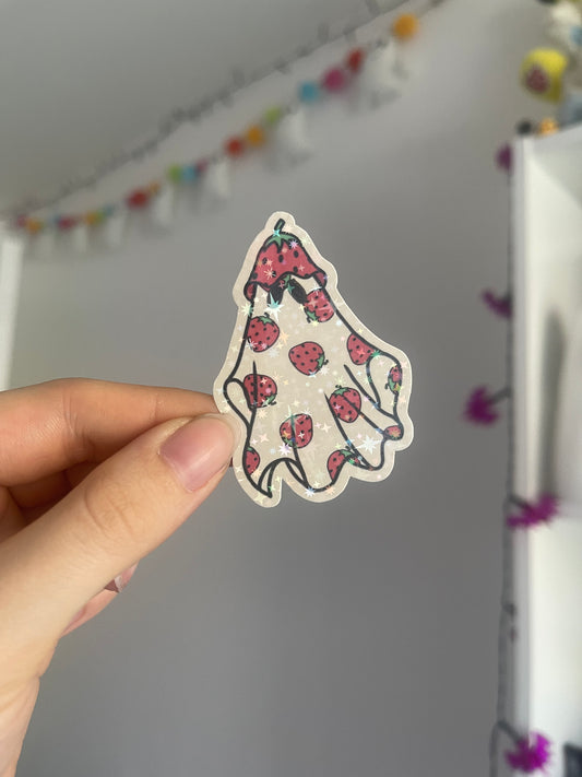 Strawberry Hat Ghost Holographic Sticker