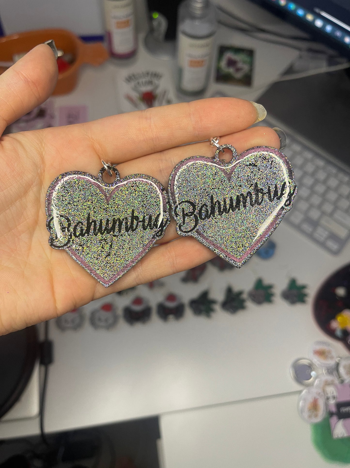 Holographic Bahumbug Pink Hearts Earrings