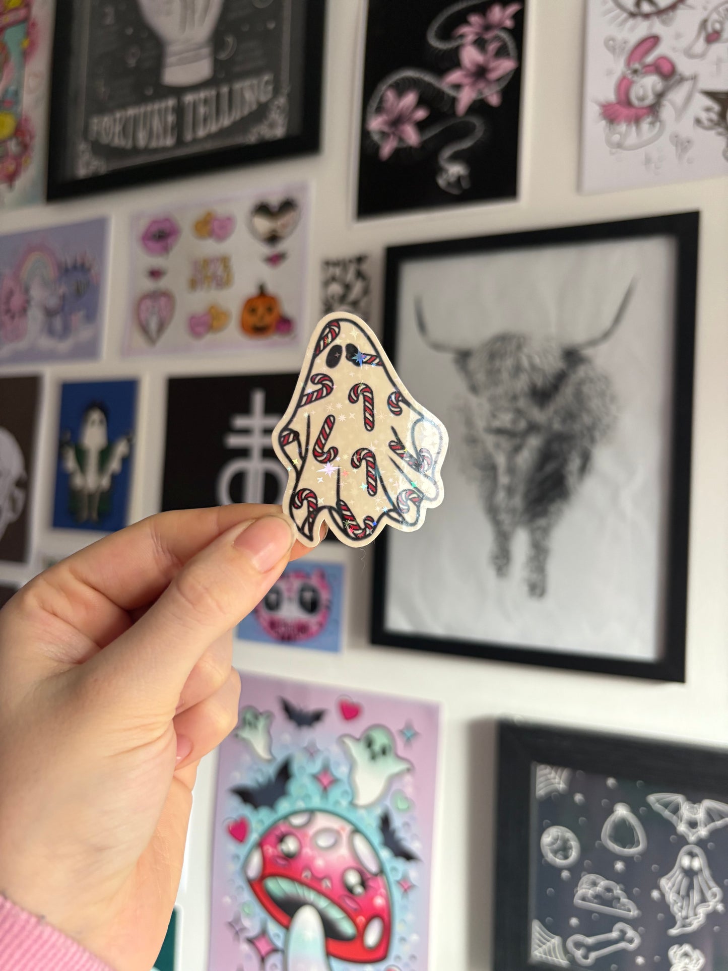 Red & White Candy Cane Ghost Holographic Sticker