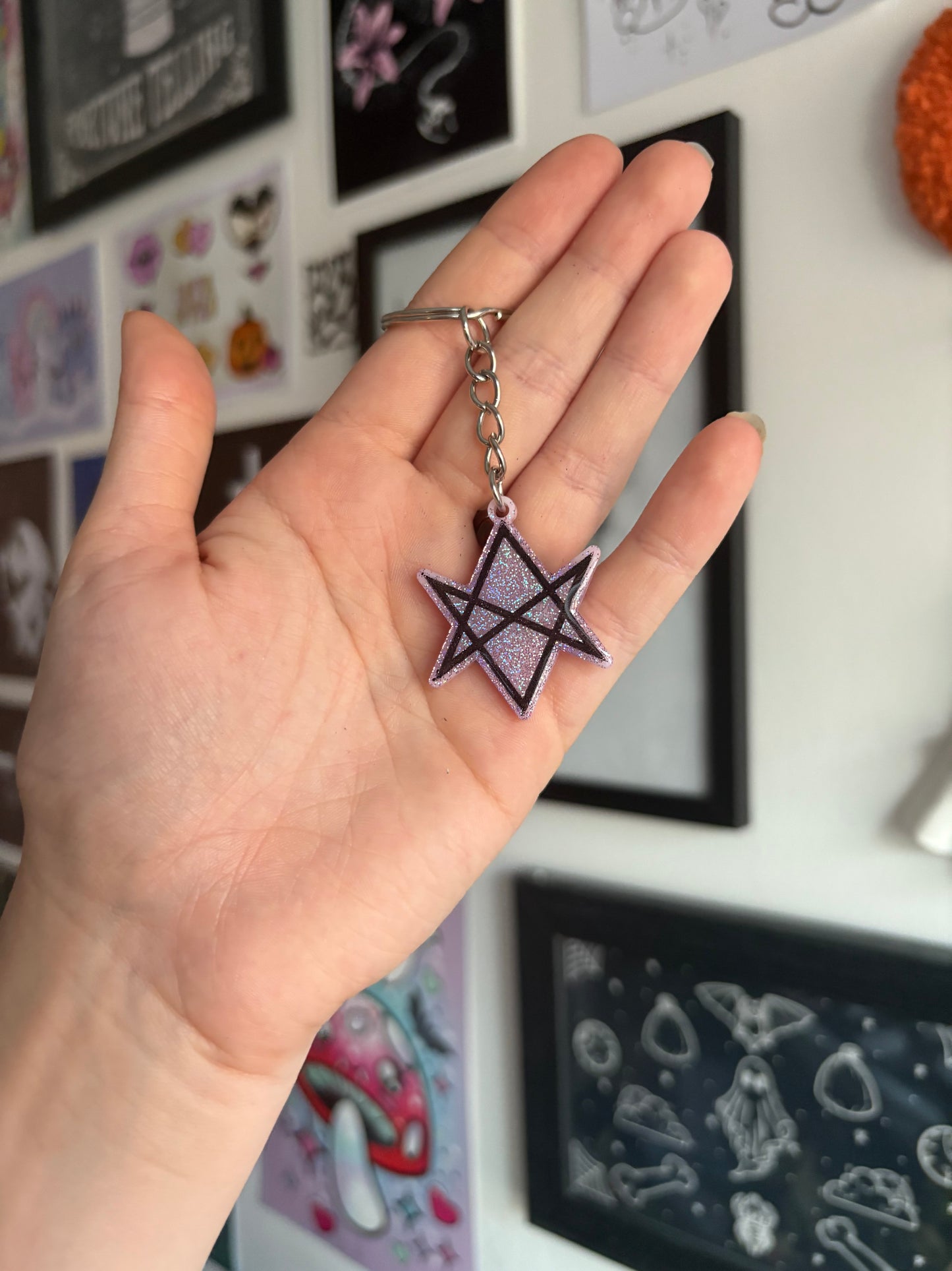 Pink Holographic Hexagram Keyring