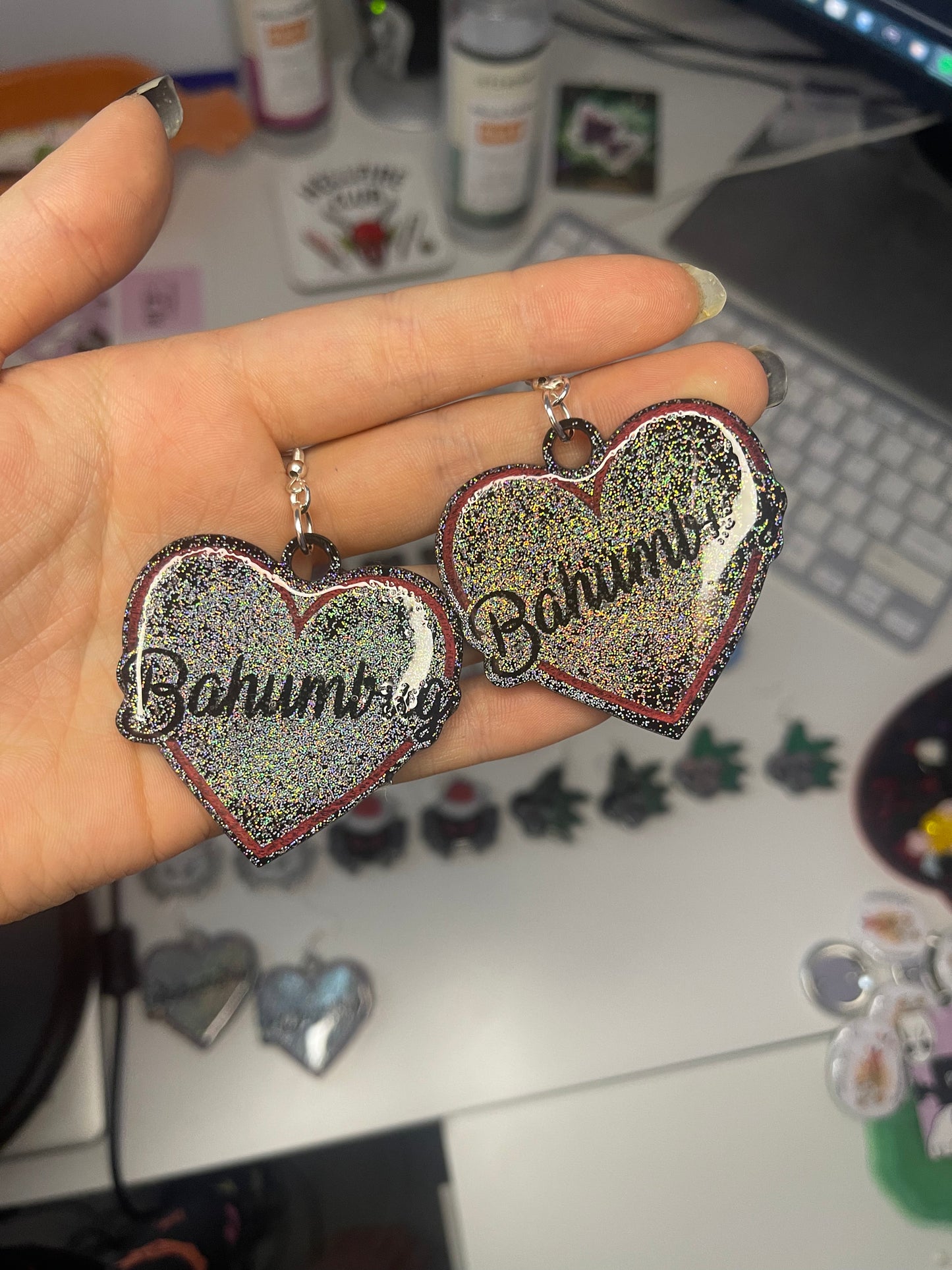 Holographic Bahumbug Red Hearts Earrings