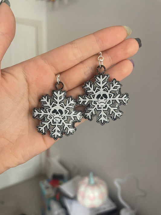 Holographic White Skull Snowflake Earrings