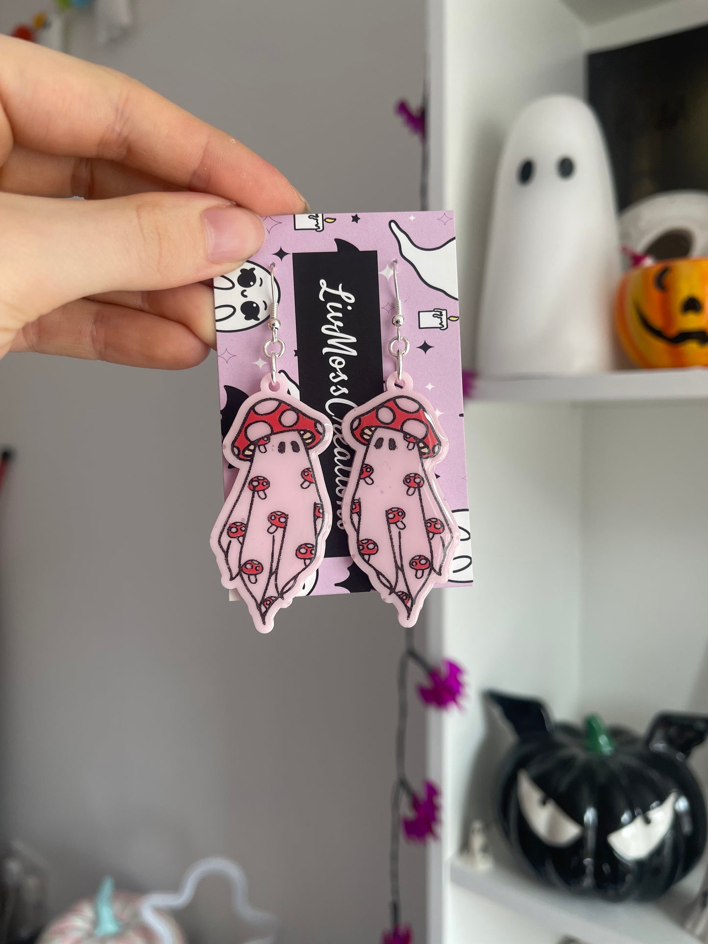 Pink & Red Mushroom Ghost Earrings