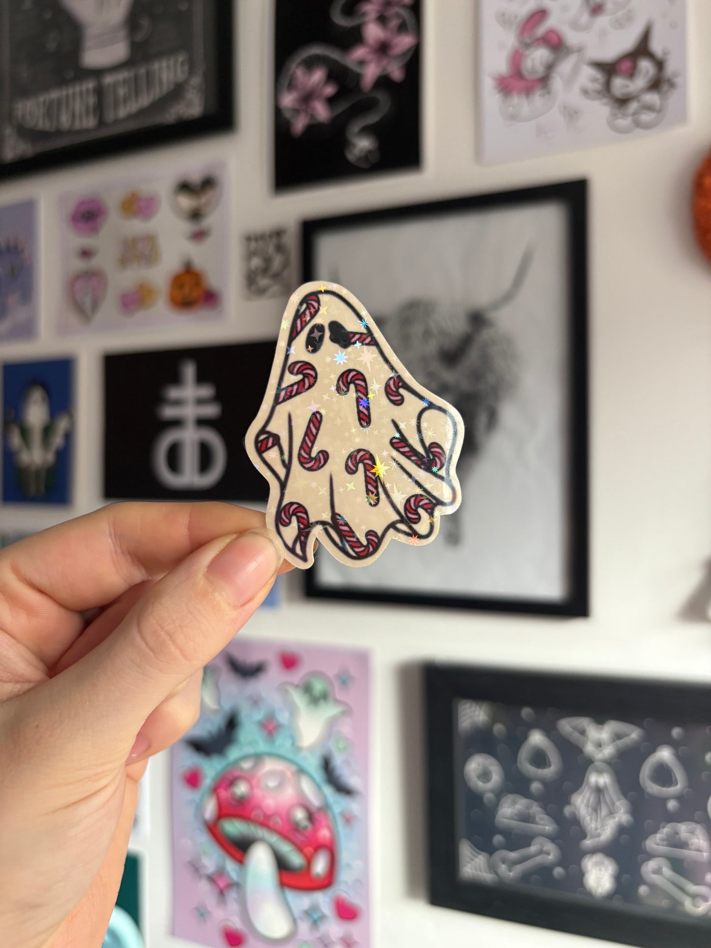 Red & Pink Candy Cane Ghost Holographic Sticker