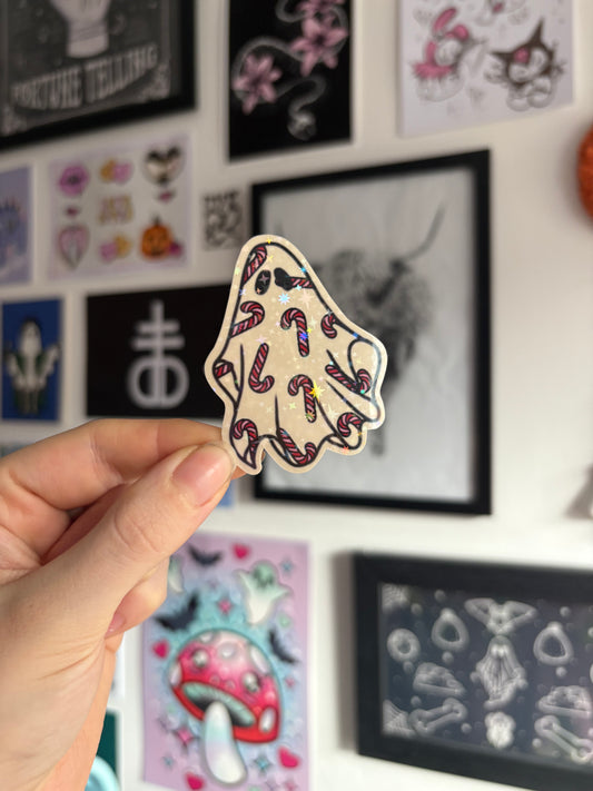 Red & Pink Candy Cane Ghost Holographic Sticker