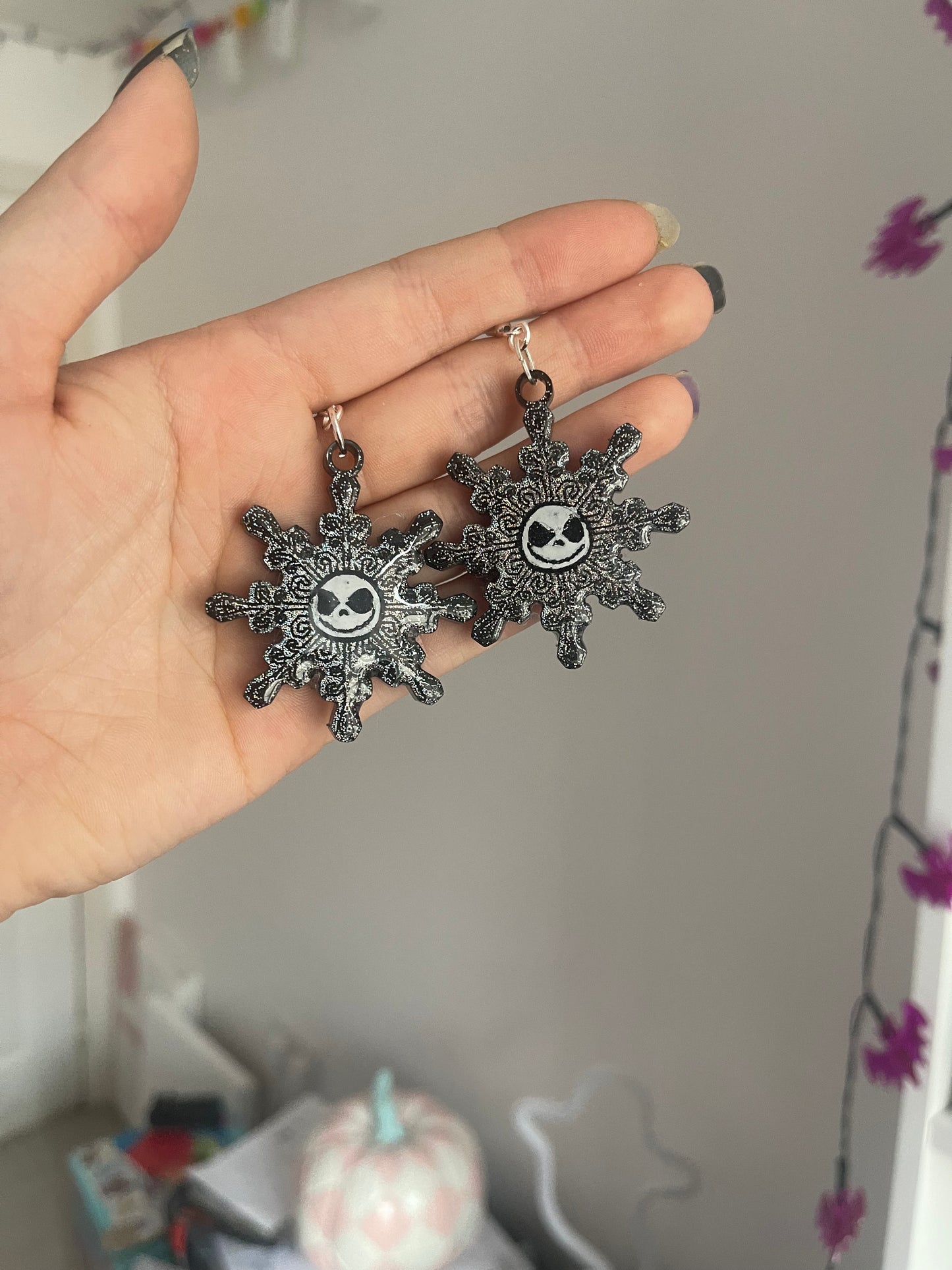 Holographic White Jack Snowflake Earrings