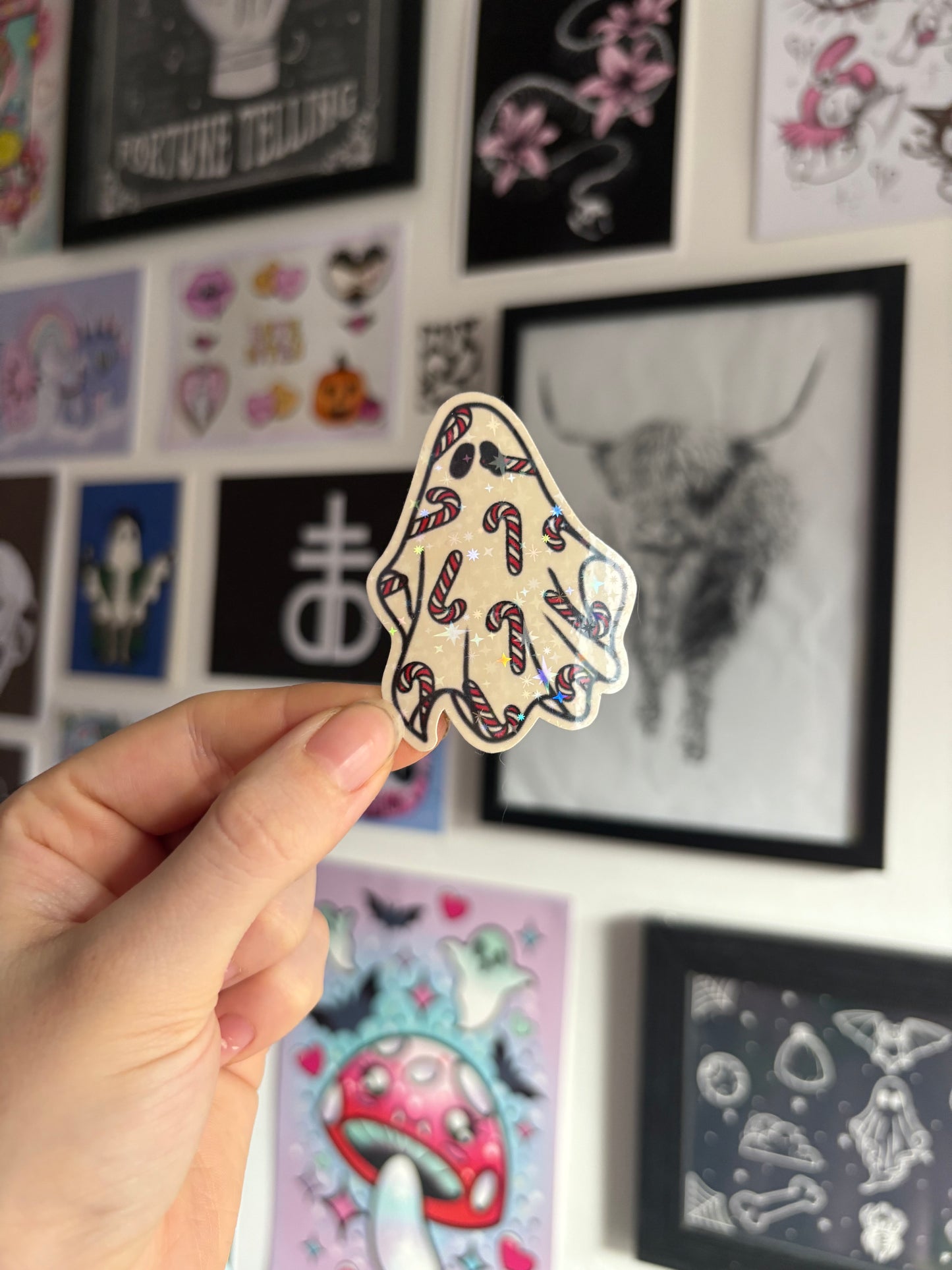 Red & White Candy Cane Ghost Holographic Sticker
