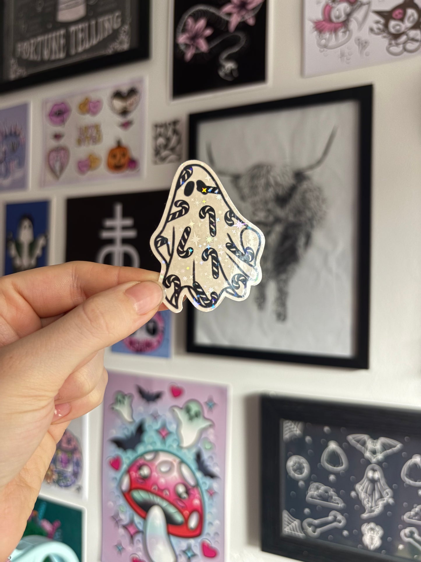 Black & White Candy Cane Ghost Holographic Sticker