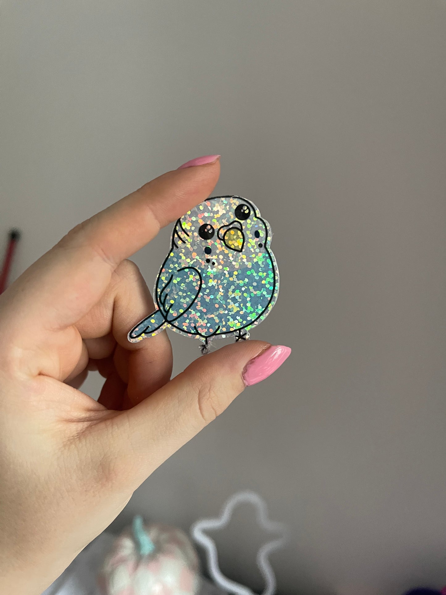 Marshmallow The Budgie Holographic Glitter Sticker