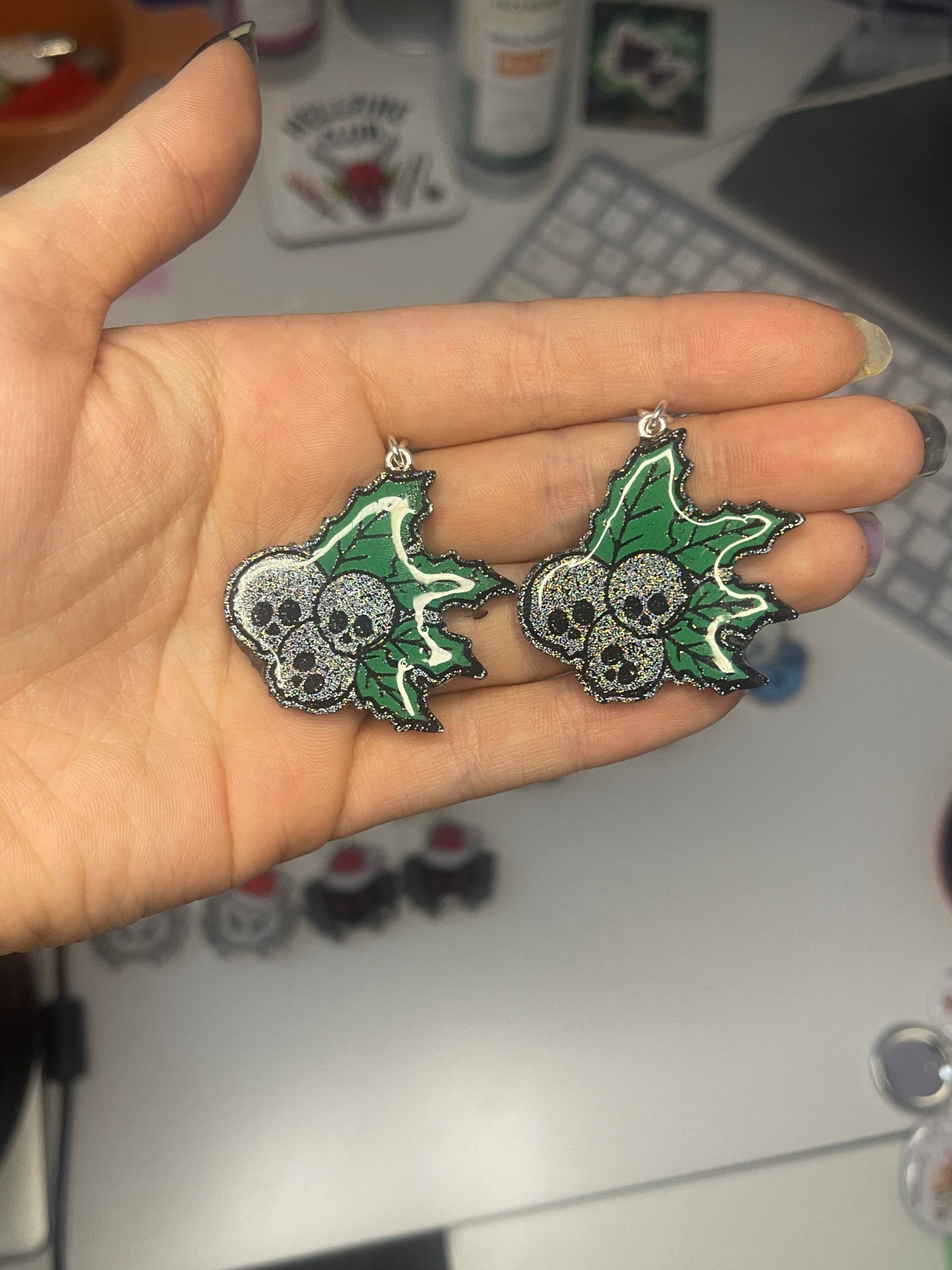 Holographic Skull Holly Earrings