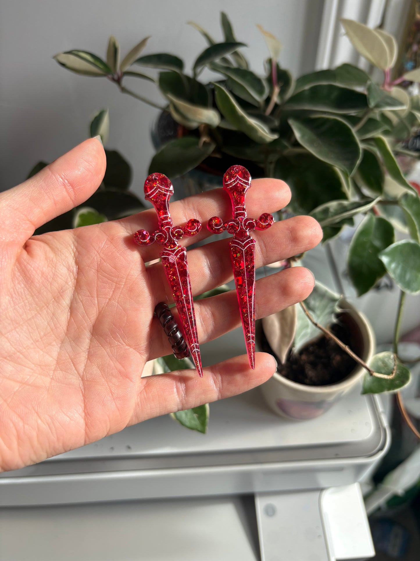 Red Glitter Dagger Earrings