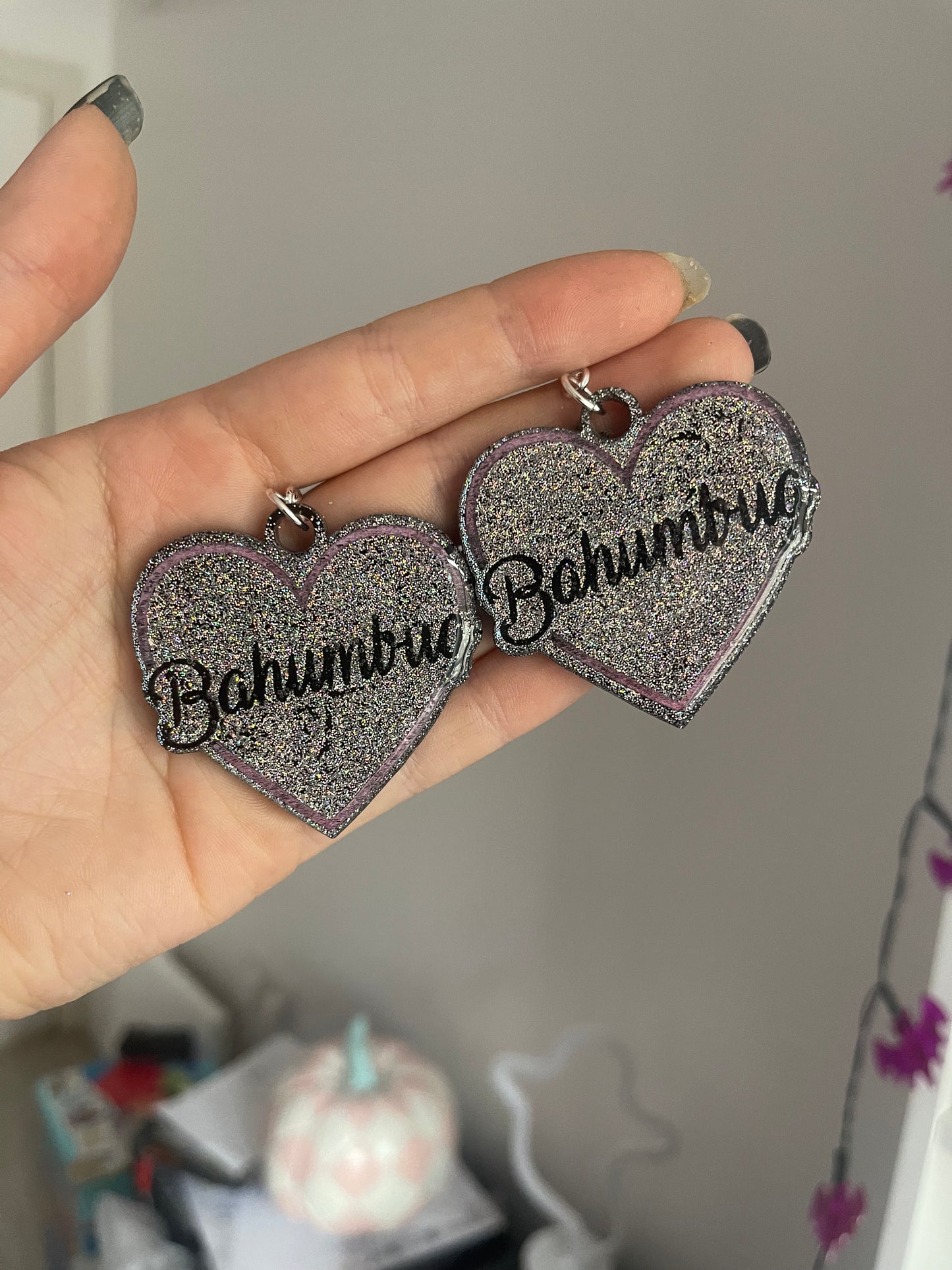 Holographic Bahumbug Pink Hearts Earrings