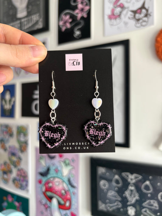 Black & Pink Small Blegh Barbed Heart Earrings