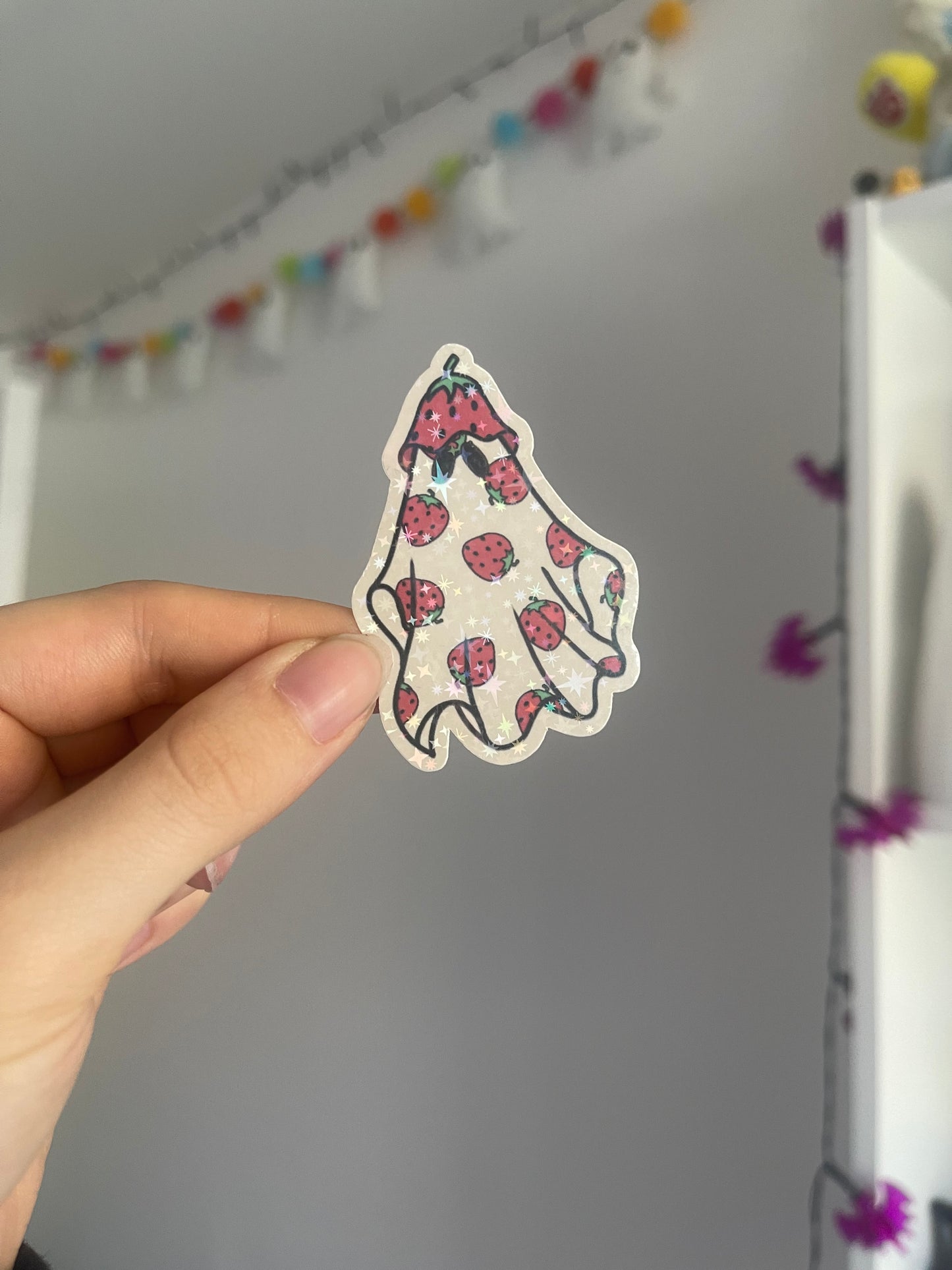 Strawberry Hat Ghost Holographic Sticker