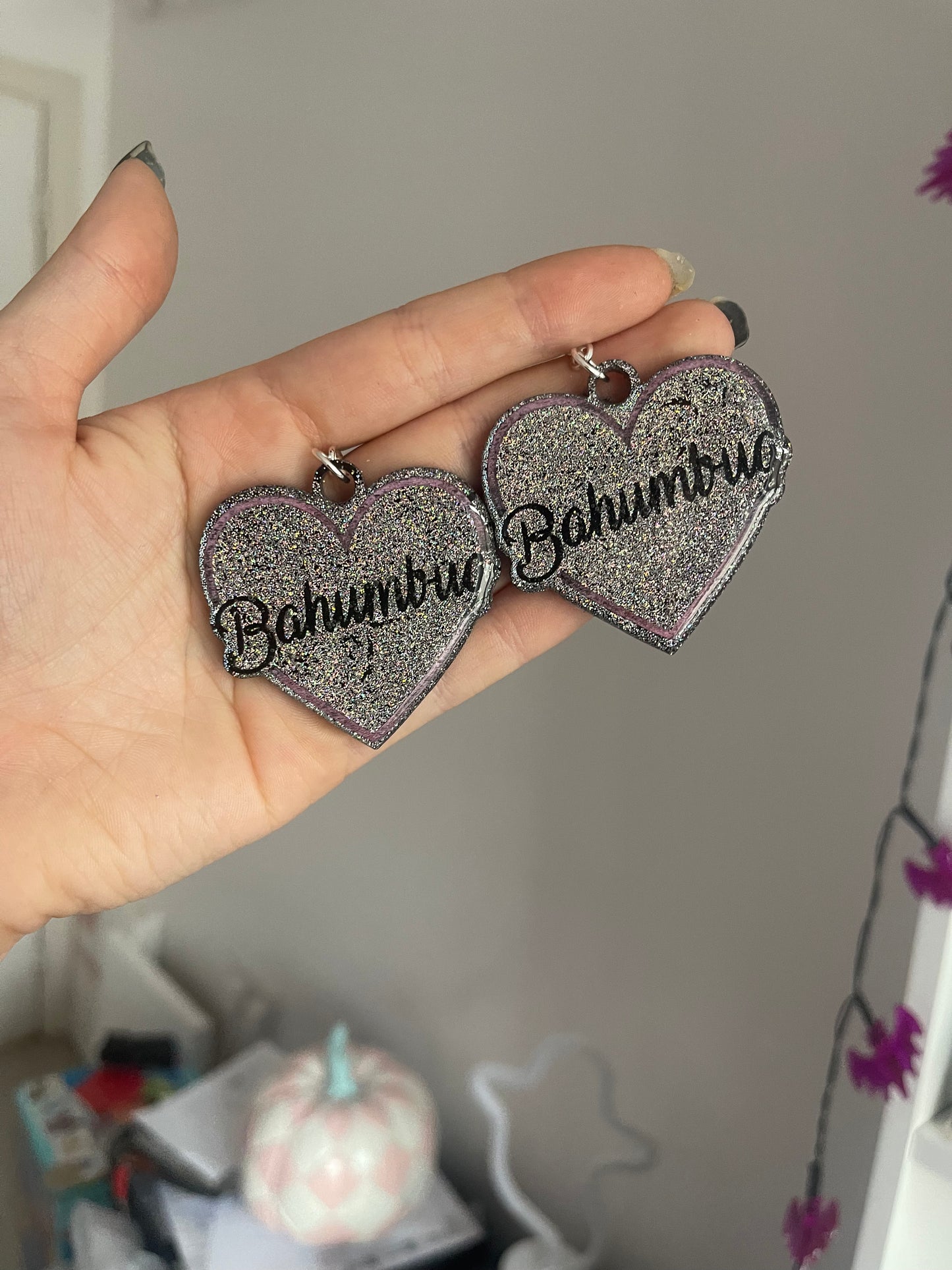 Holographic Bahumbug Pink Hearts Earrings