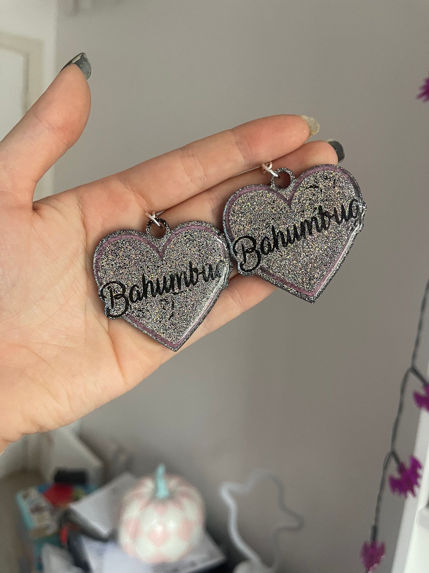 Holographic Bahumbug Pink Hearts Earrings