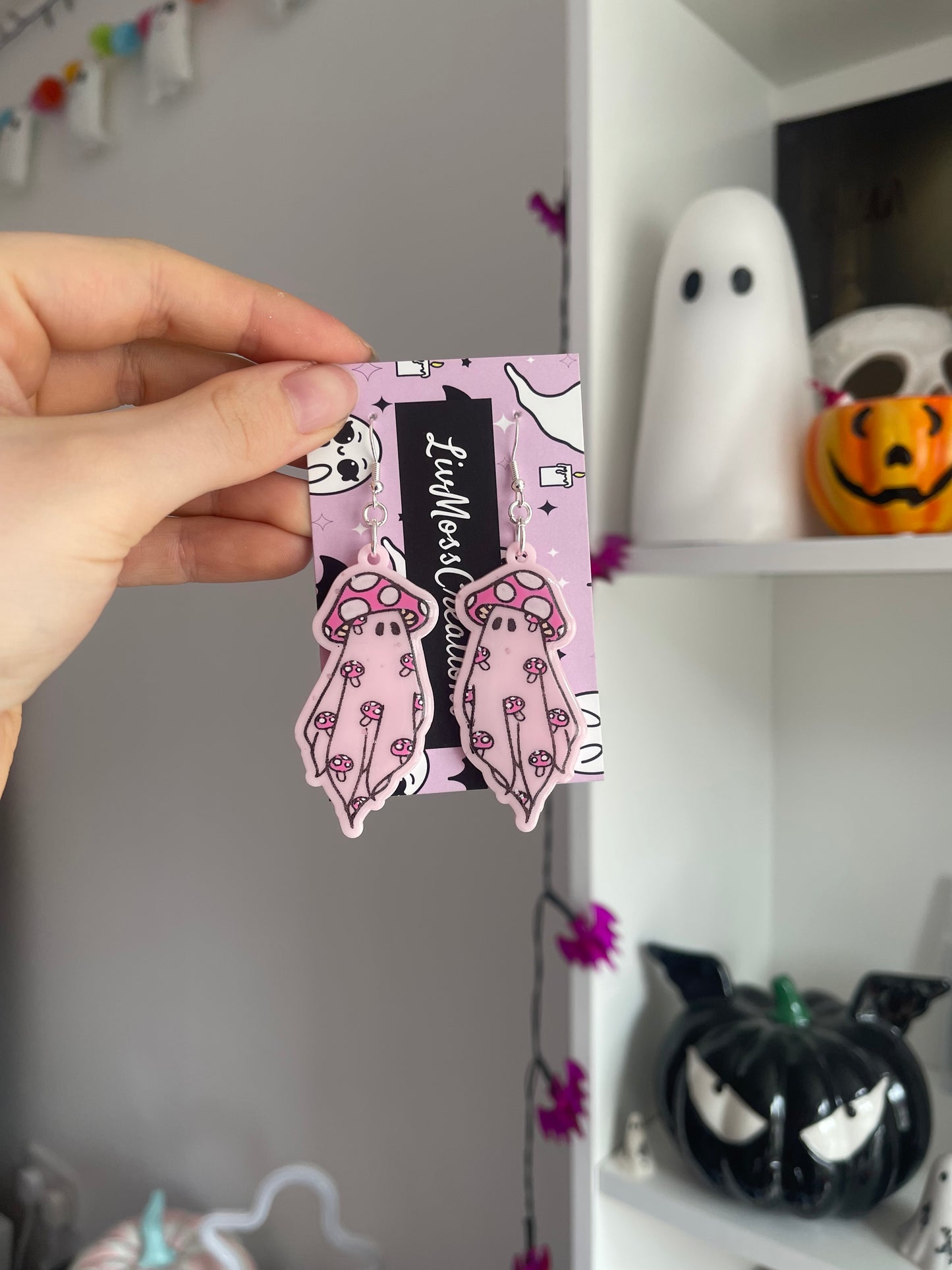 Double Pink Mushroom Ghost Earrings