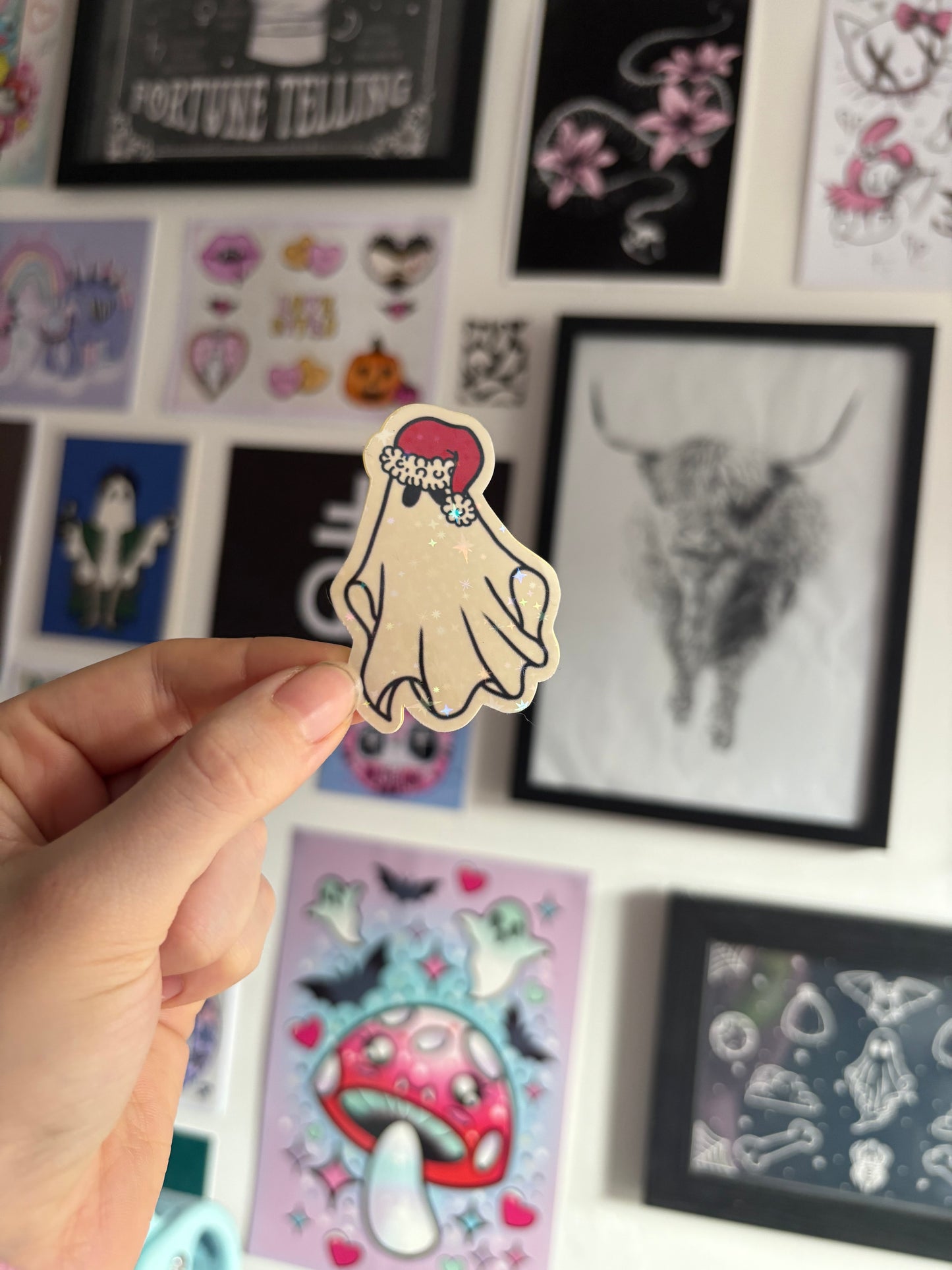 Red Santa Hat Ghost Holographic Sticker