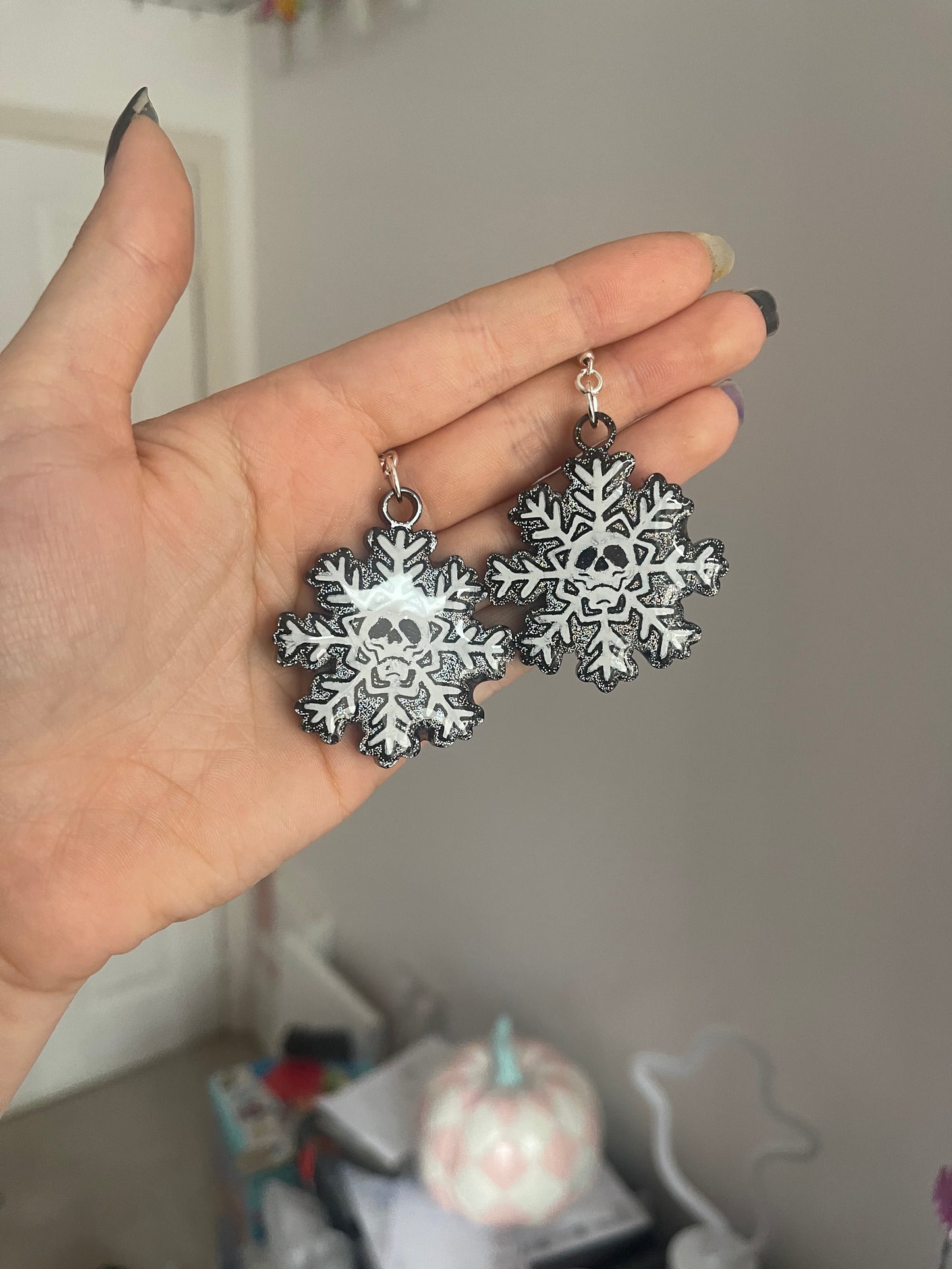 Holographic White Skull Snowflake Earrings