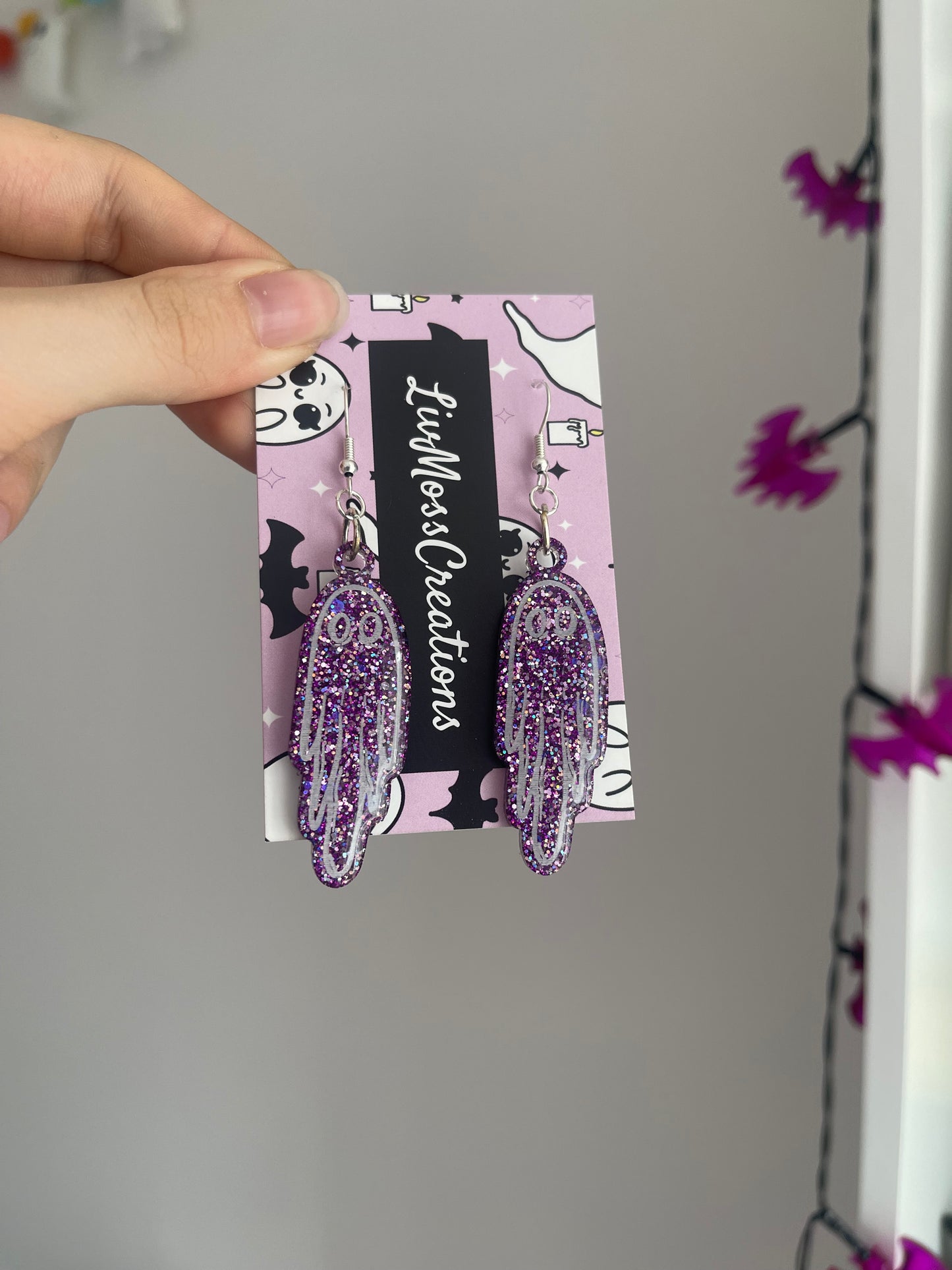 Purple Glittery Ghost Earrings