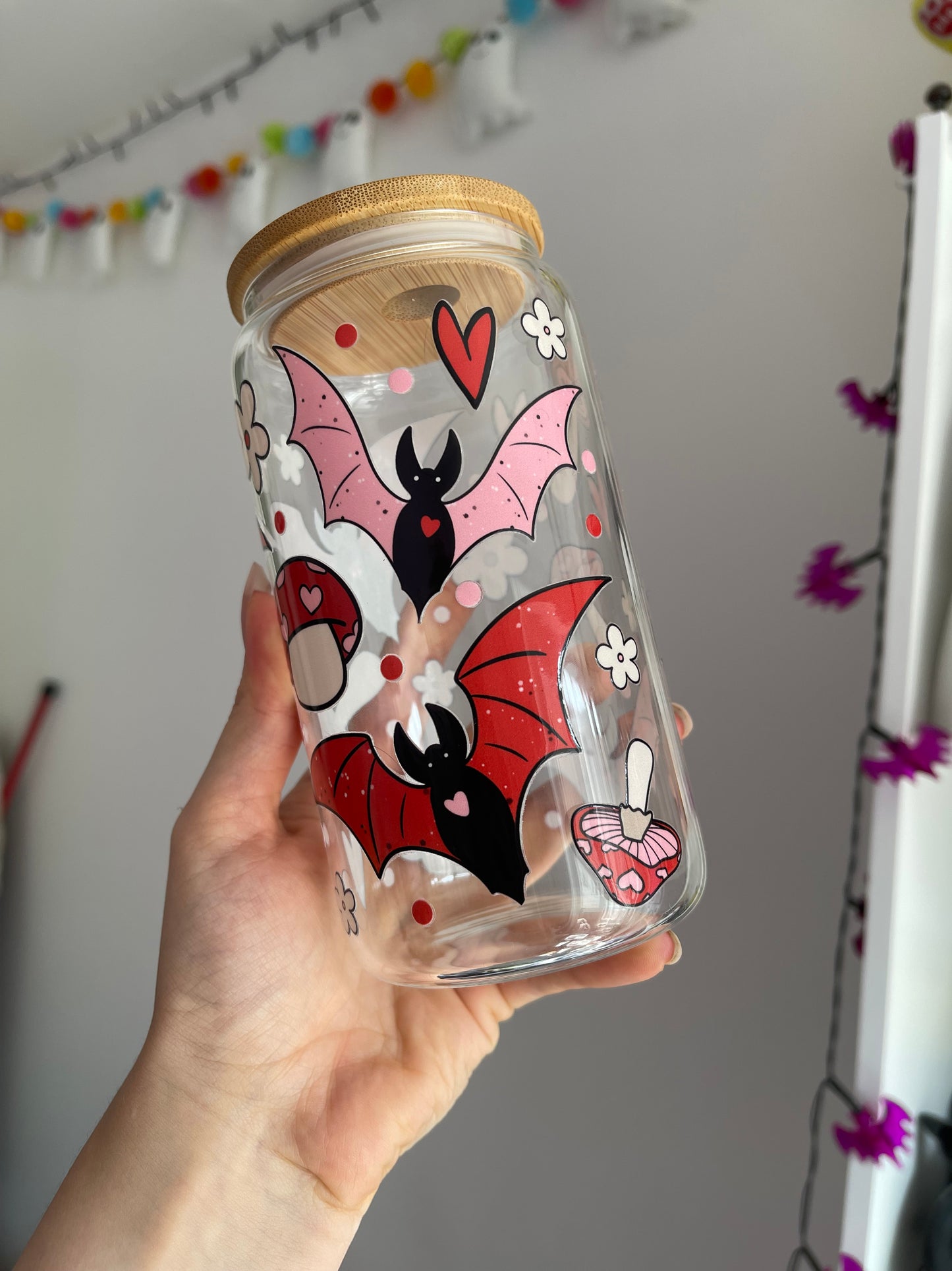 Bats, Hearts and Mushies Glass Libbey Can